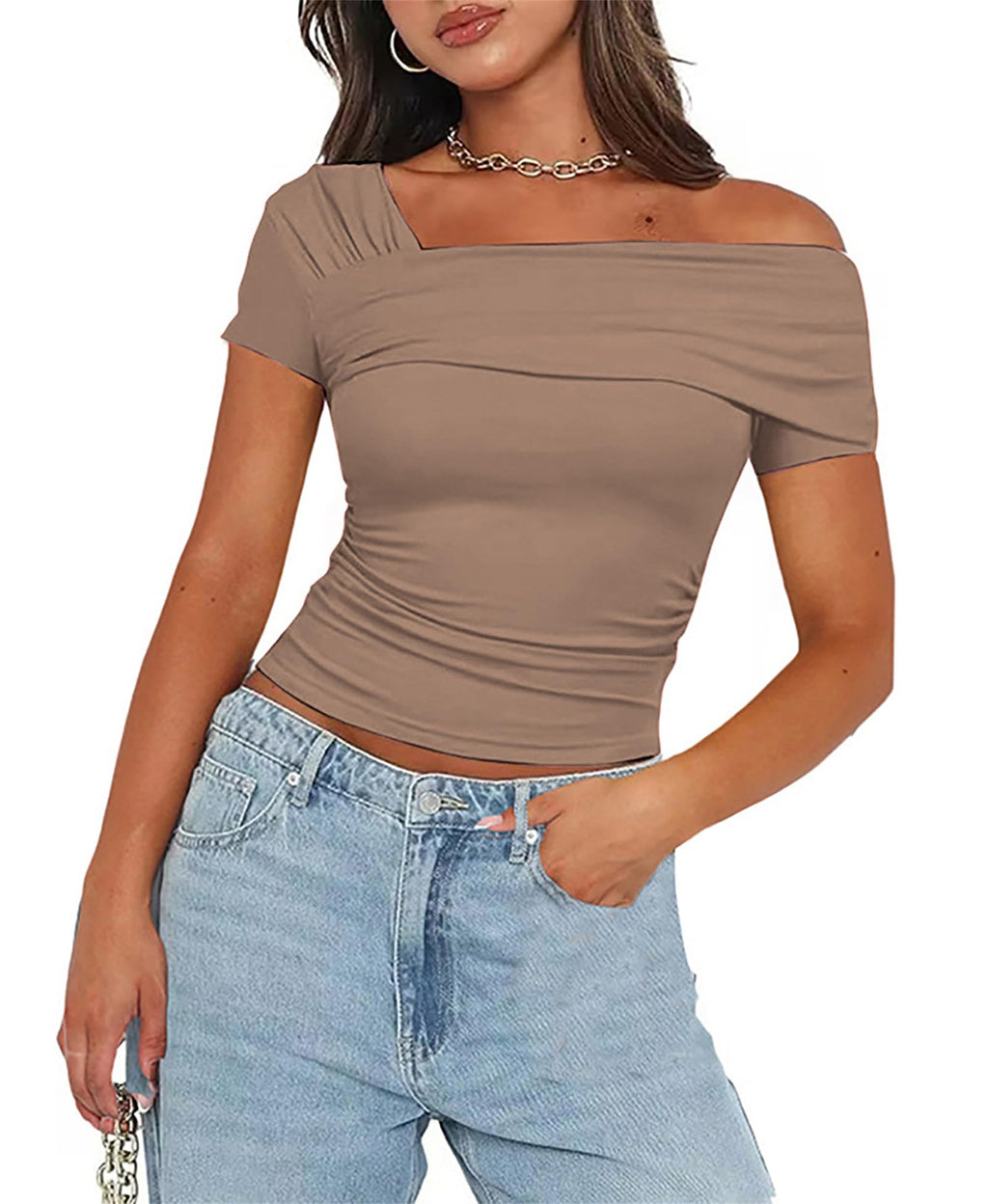 Women's One Off The Shoulder Top - Short Sleeve Ruched Going Out Crop Top Slim Fit Y2K T Shirt