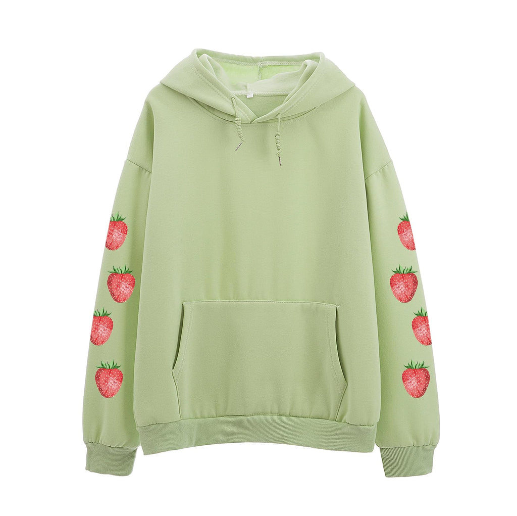 Women's Cute Sweatshirt Strawberry Sleeve Printed Cotton Warm Hoodie with Pocket