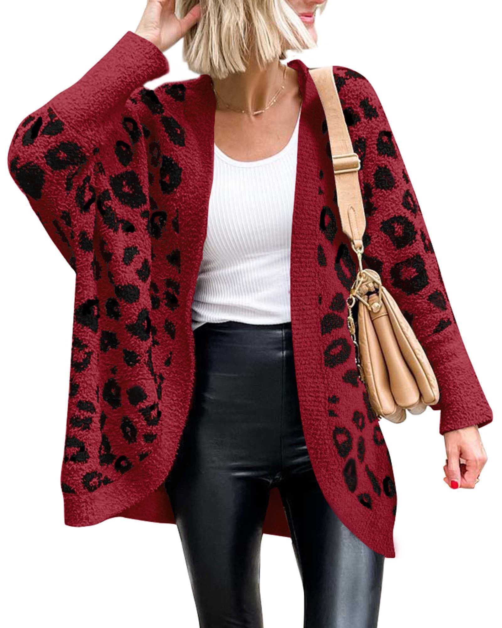 Women Fashion Leopard Print Long Sleeve Sweater Cardigan Loose Knit Open Front Fall Winter Outwear Coats