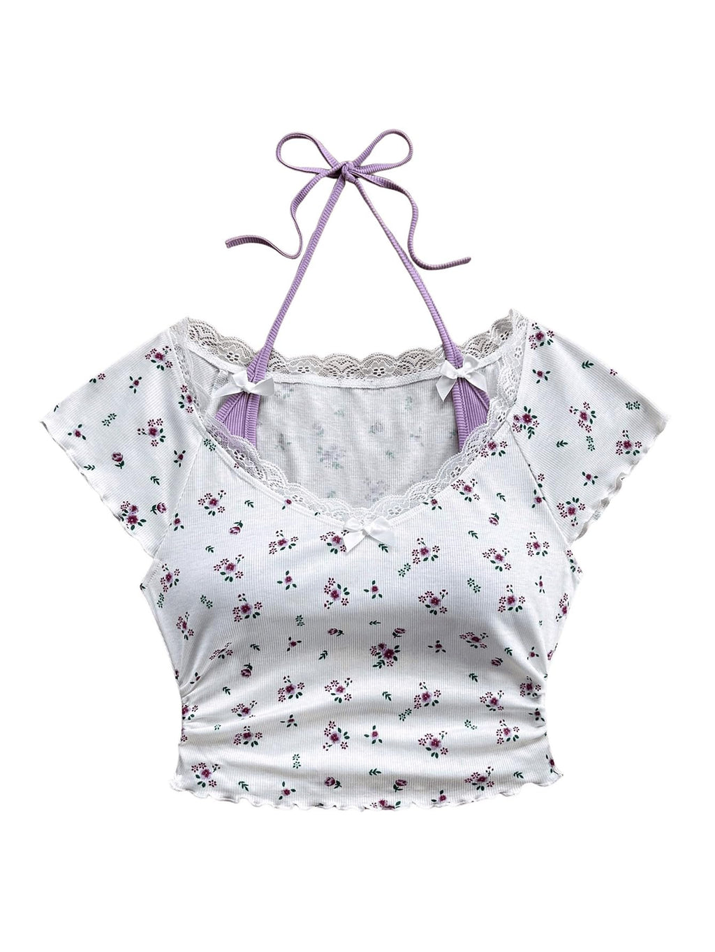 Women's Contrast Lace Halter Neck Lettuce Trim Casual Crop Tee Tops