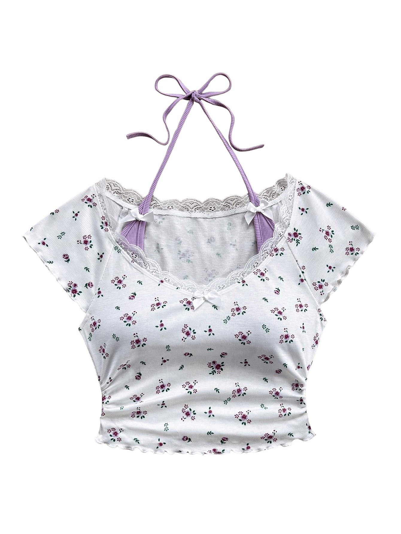 Women's Contrast Lace Halter Neck Lettuce Trim Casual Crop Tee Tops