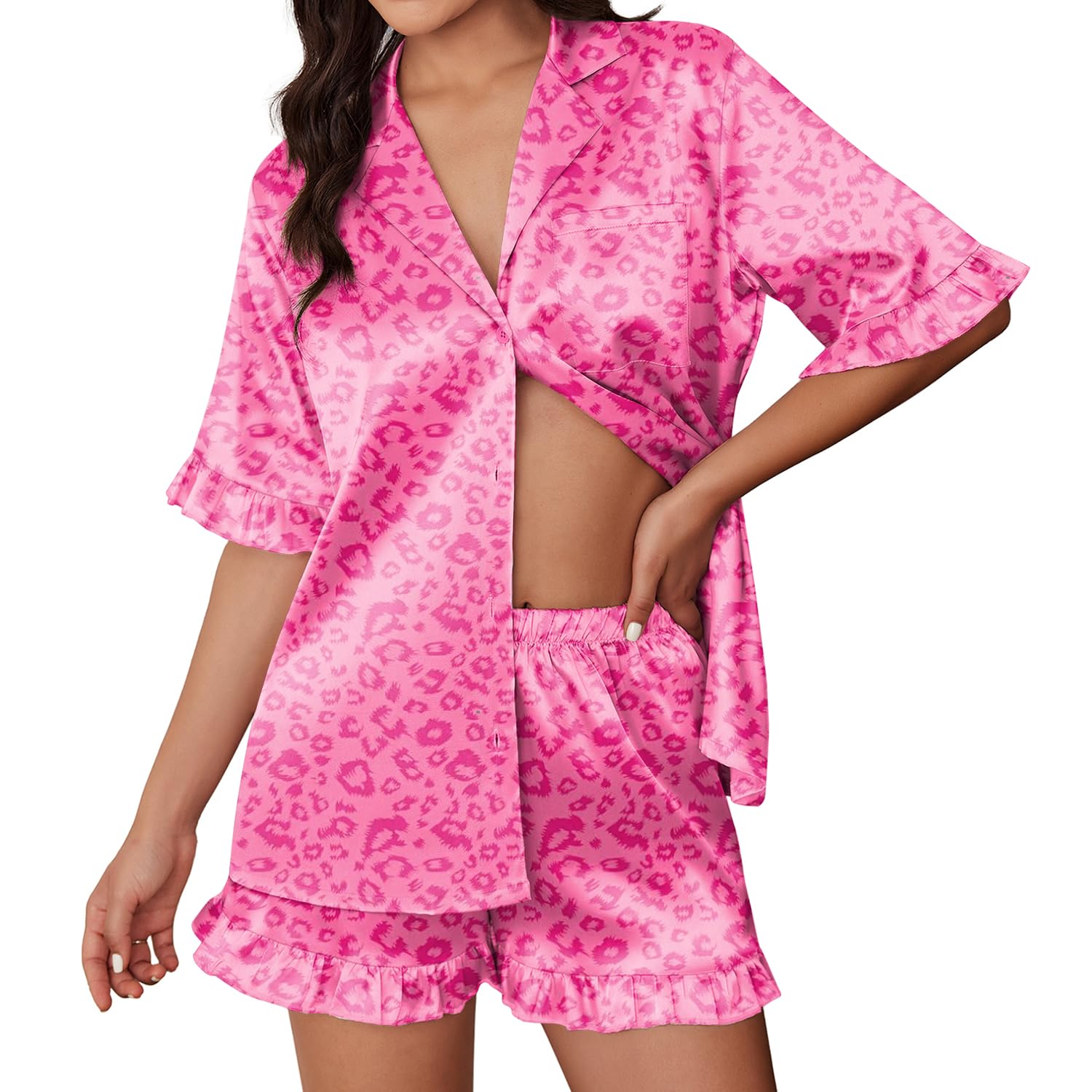 Womens Satin Pajamas Cute Ruffle Sleeve Printed Sleepwear Button Down Silk Pjs Set