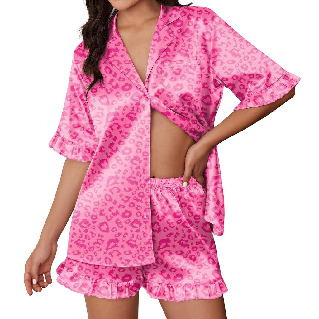 Womens Satin Pajamas Cute Ruffle Sleeve Printed Sleepwear Button Down Silk Pjs Set