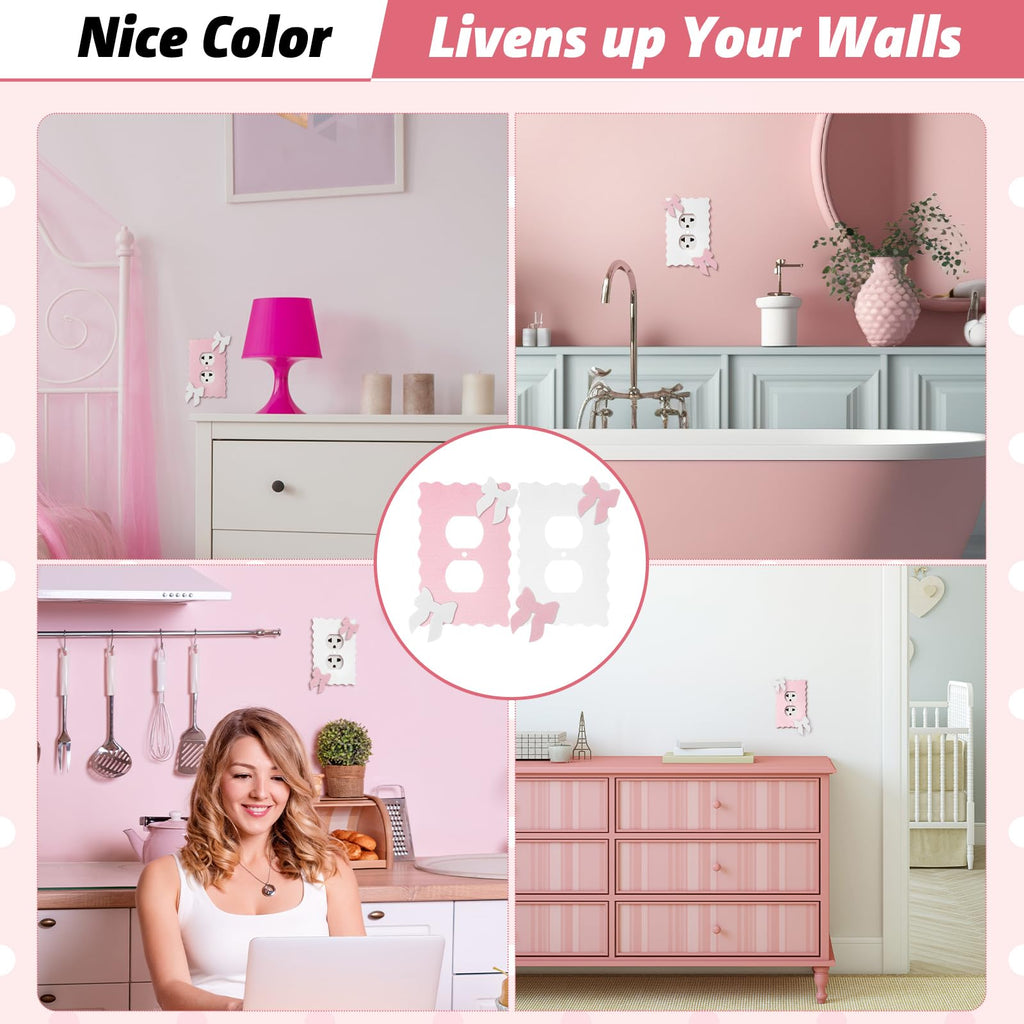 Pink Scalloped Duplex Outlet Covers Wall Plate Room Decor Metal Pink and White Cute Decorative Outlet Cover for Home Decor(Bow,2 Pcs)
