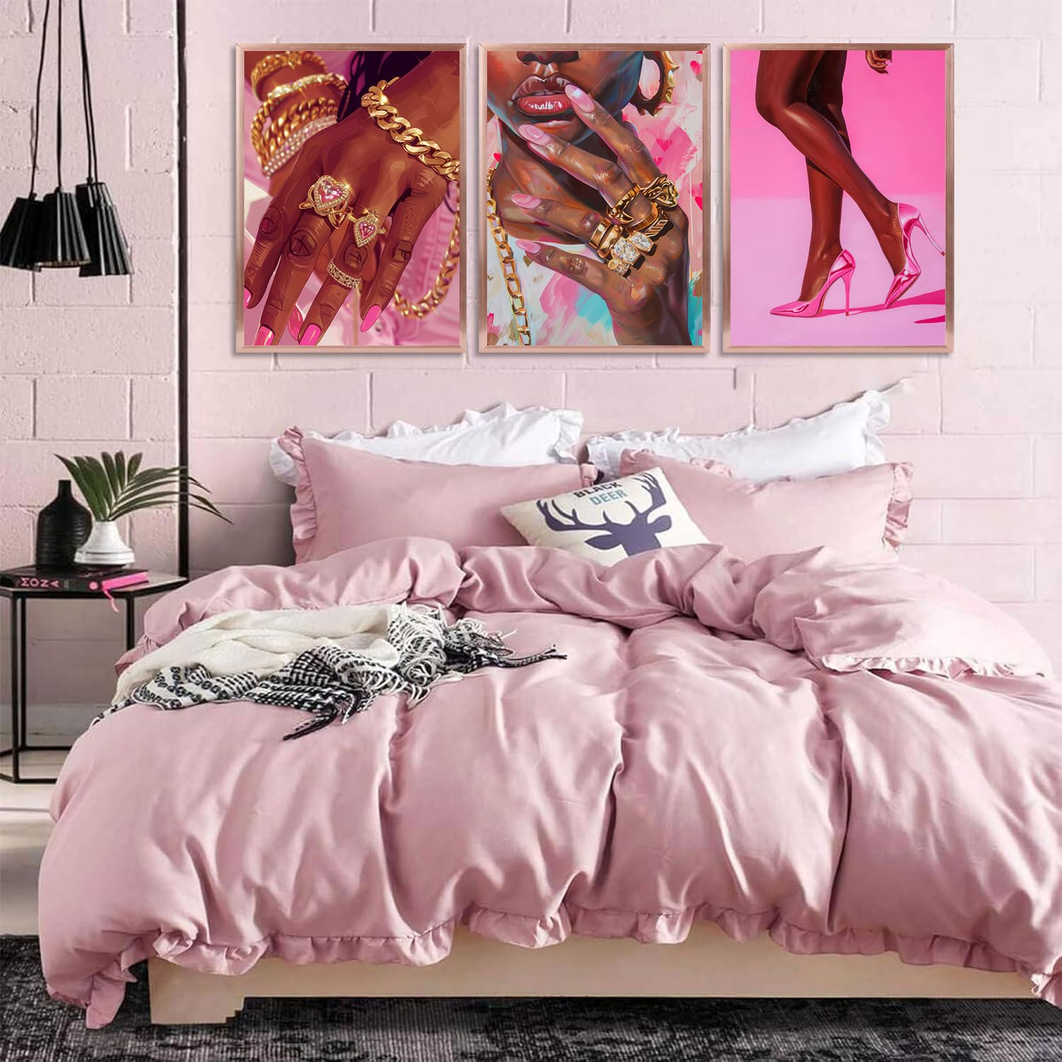 Pink Fashion Black Girl Canvas Wall Art - Gorgeous Black Girl Posters Prints for Living Room Bedroom Artwork Home Decoration Unframed