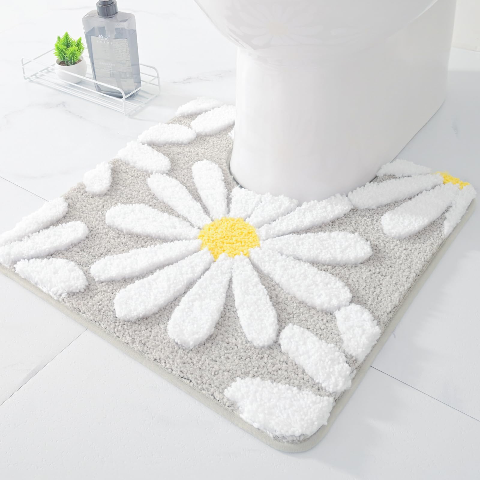 U Shaped Toilet Mat Cute Daisy Contour Bath Rug 20"x20", Extra Thick Soft Machine Washable Toilet Carpet, Non Slip Bathroom Floor Mats Super Absorbent Microfiber Bath Rugs