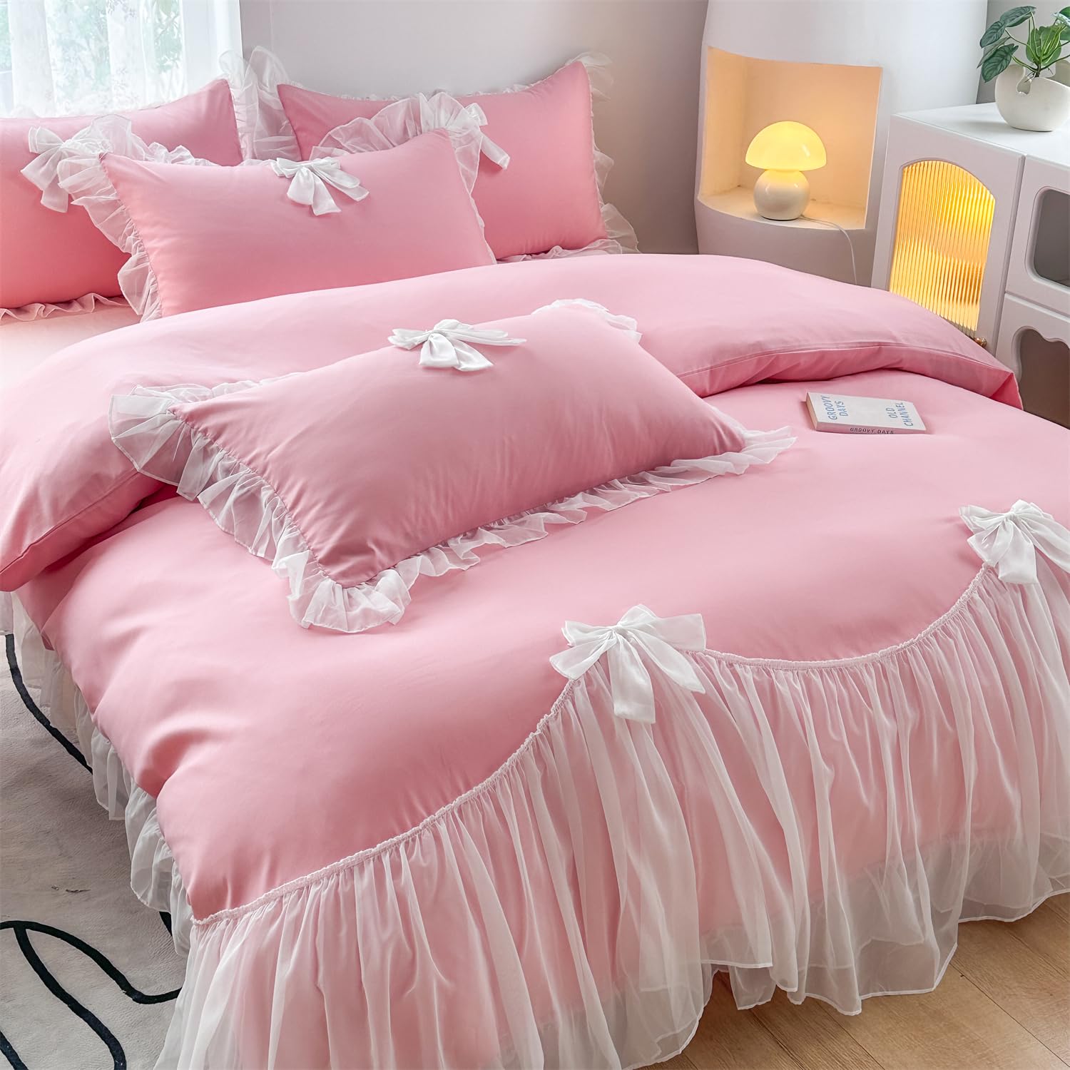 Girls Lace Bedding,Queen Comforter Cover Set, Chic Ruffled Duvet Cover with Lovely Bow,Princess Style 1 Duvet Cover with 2 Pillowcases, No Comforter-Hot Pink,Full Size