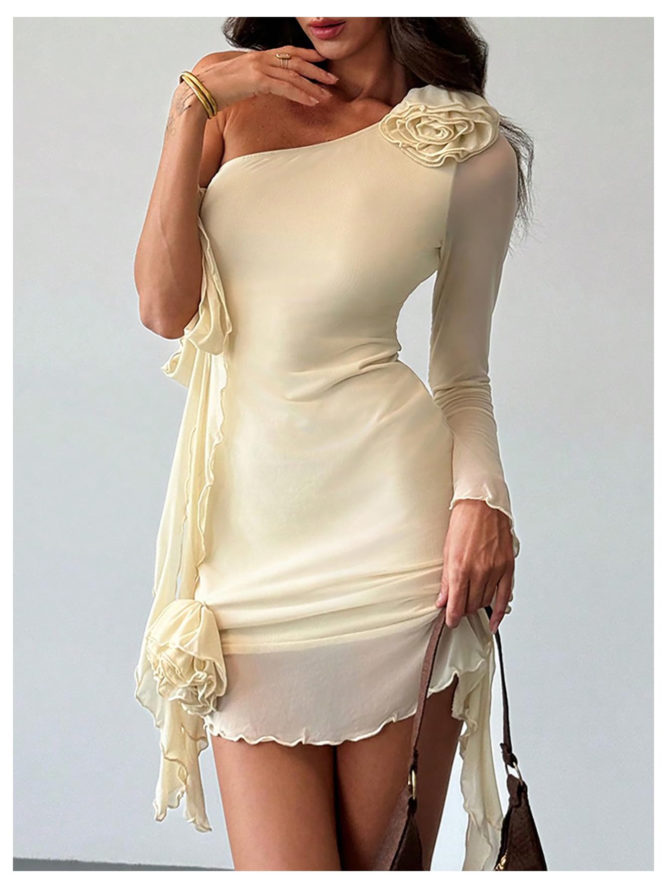 Women's 3D Flower One Shoulder Mesh Mini Dress Long Sleeve Lettuce Trim Floral Dress