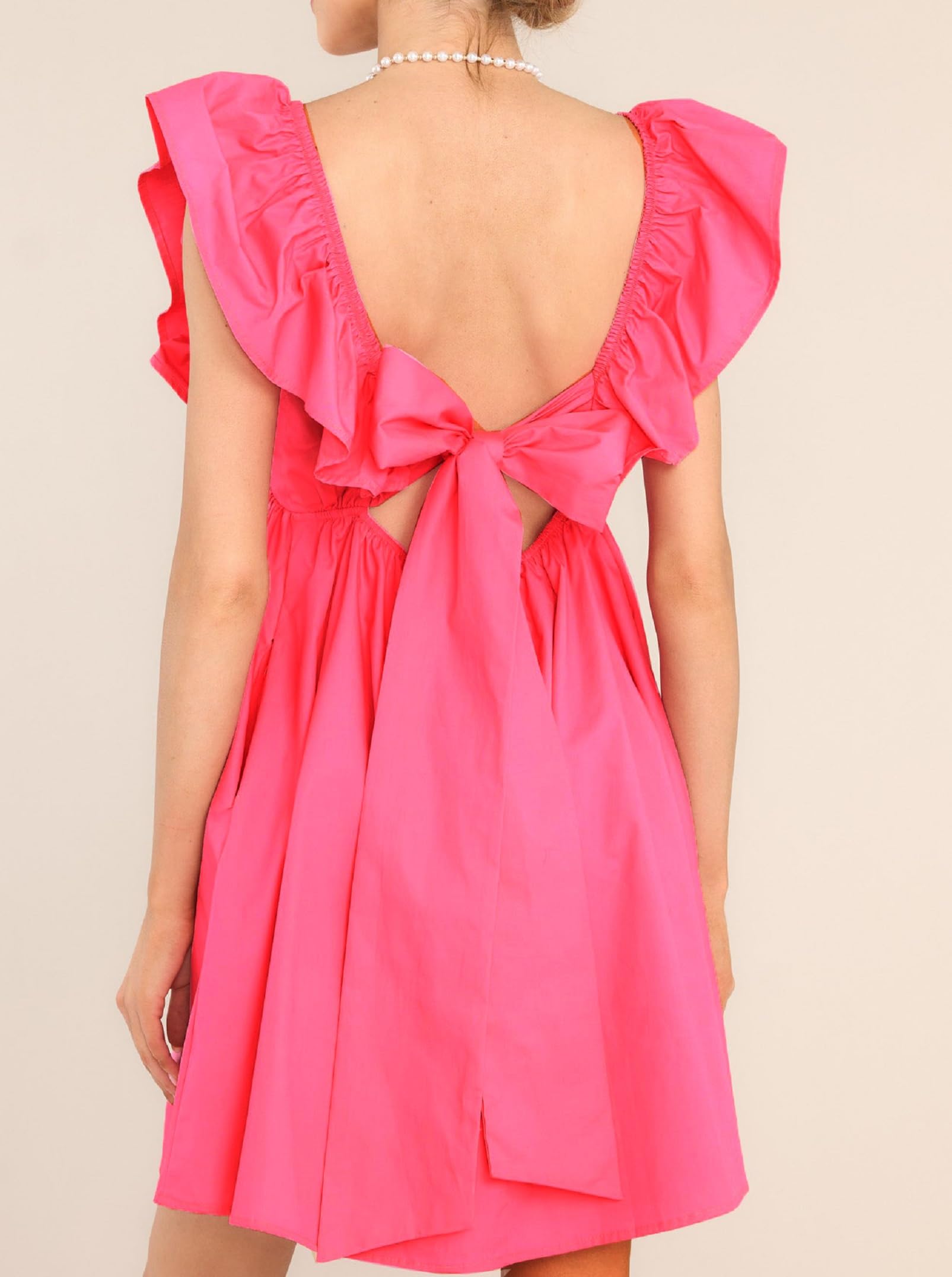 Valentine Women Ruffle V Neck Heart Mini Dress Puff Shoulder Backless Bowknot Short Dress Love Pink Babydoll Dress