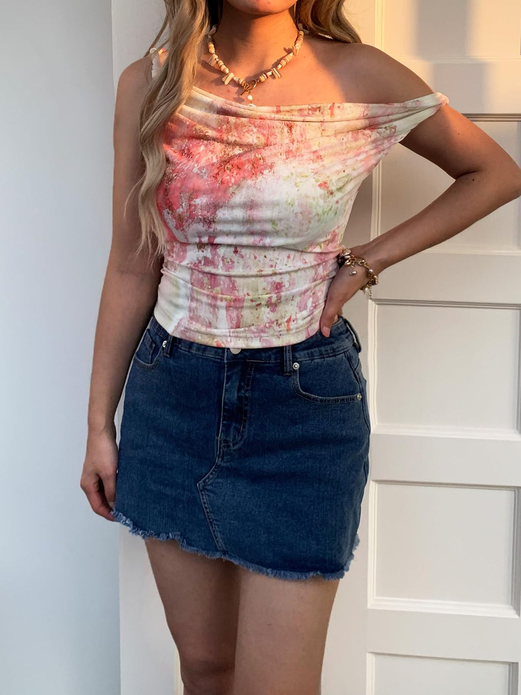 Women's Off The Shoulder Top Sleeveless Twist Strap Slim Fit Tie-Dyed Stretchy Tank Top Y2K Casual T Shirts