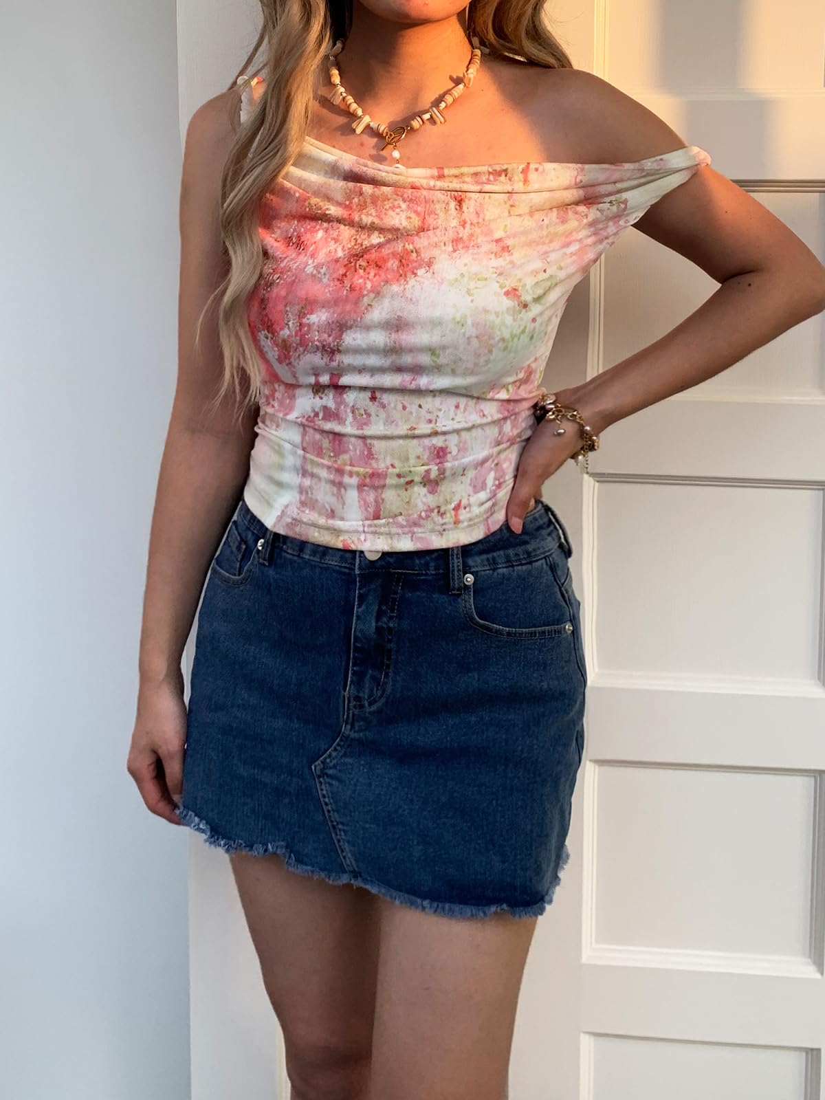 Women's Off The Shoulder Top Sleeveless Twist Strap Slim Fit Tie-Dyed Stretchy Tank Top Y2K Casual T Shirts