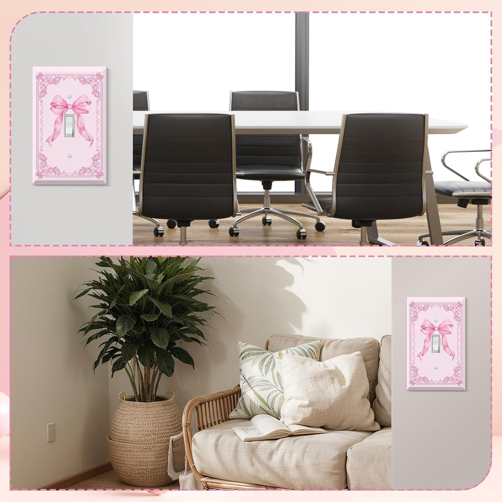 Pink Bow Light Switch Cover Plate 4 Pack Cute Outlet Covers Wall Plate with Screws Coquette Decor - 4.53 x 2.76 Inch