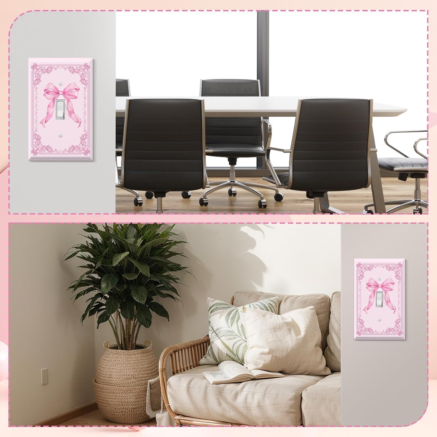 Pink Bow Light Switch Cover Plate 4 Pack Cute Outlet Covers Wall Plate with Screws Coquette Decor - 4.53 x 2.76 Inch