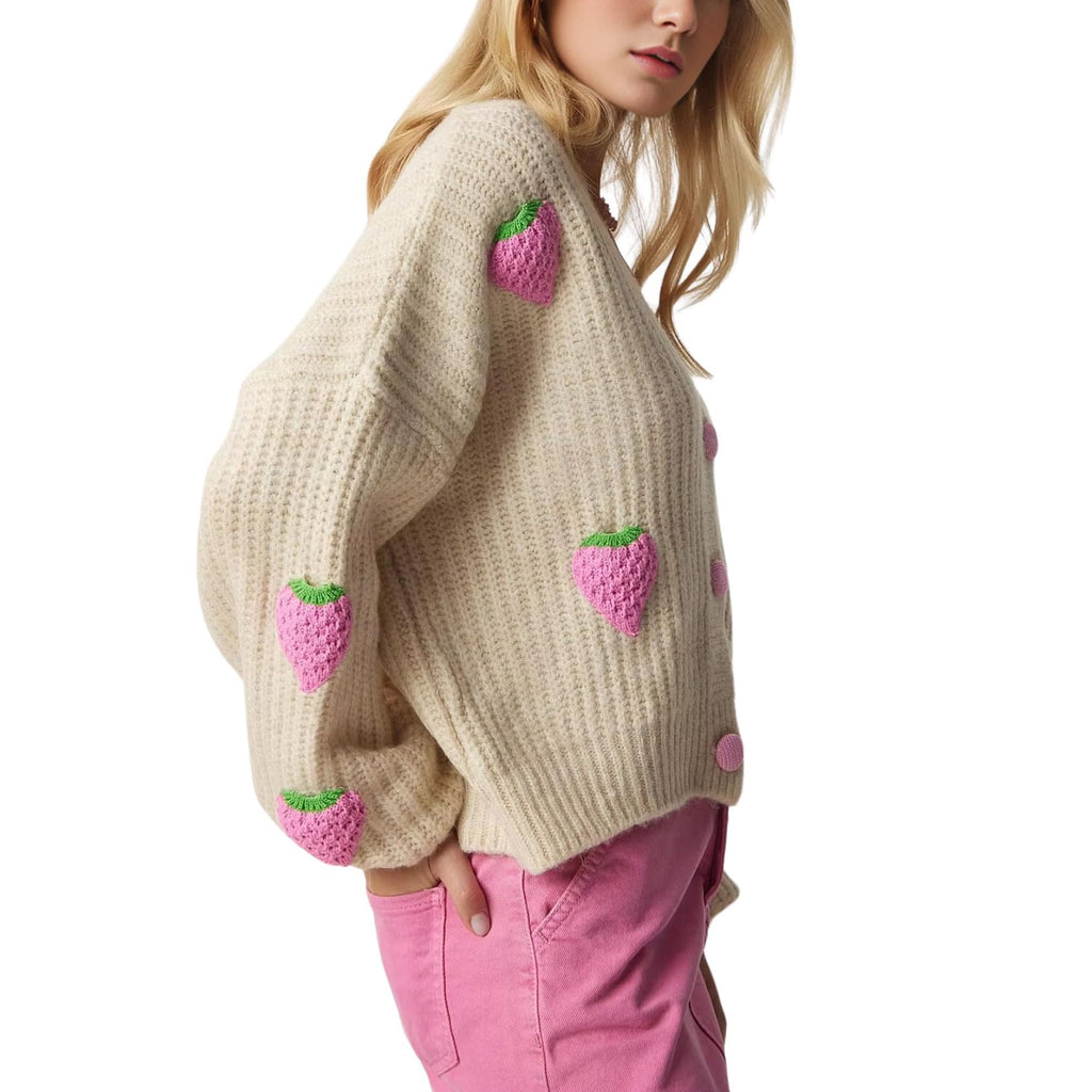 Women's Kawaii Strawberry Embroidered Cardigan Long Sleeve V Neck Chunky Knitted Cardigans