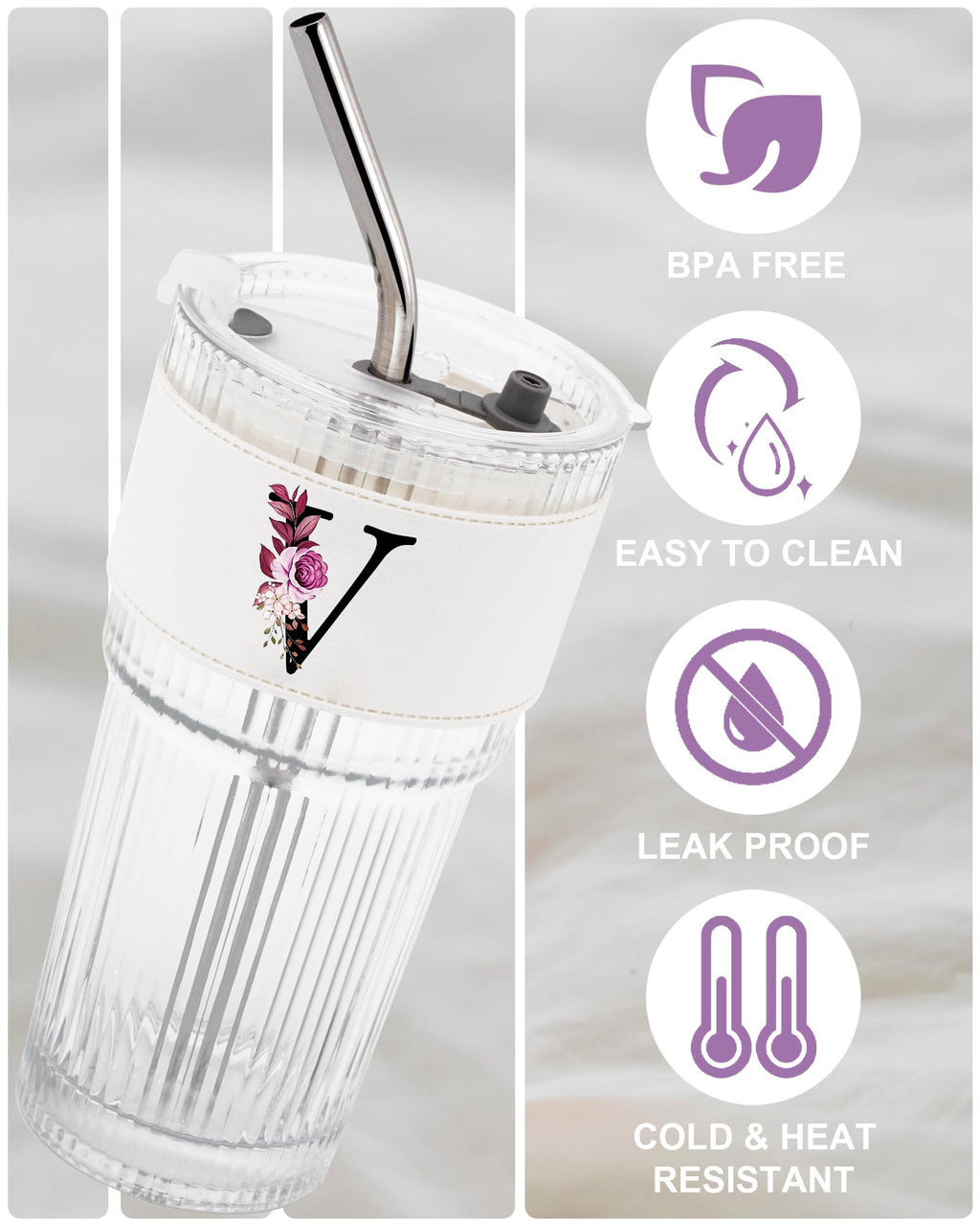 Initial Glass Cup with Lid Straw Ribbed Ice Tea Clear Tumbler Her Sister Coffee Matcha Latte Girlfriend Gf Aunt Best Friend Friendship Bestie Wife Cute Asthetic Unique Birthday Personalized Gift K