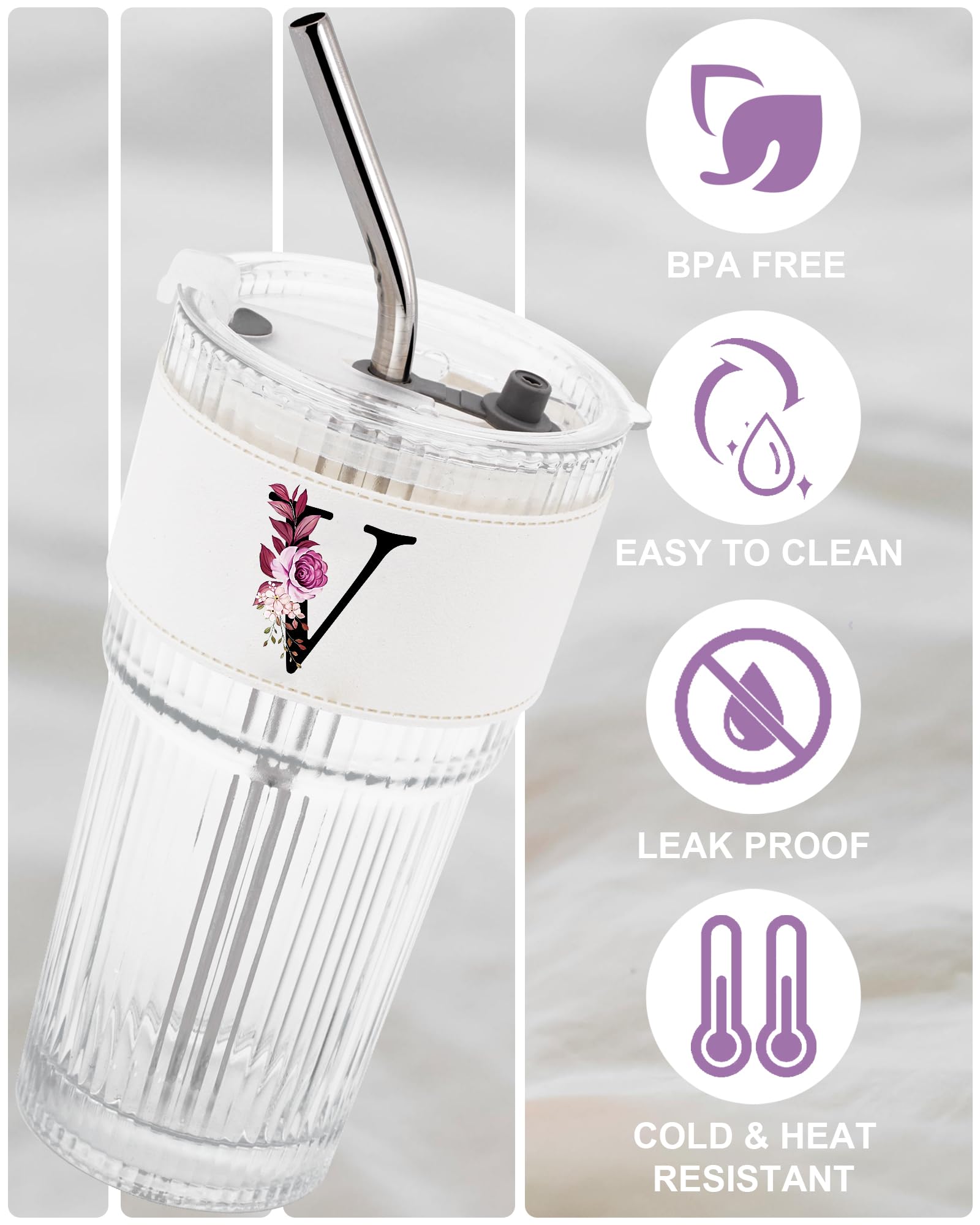 Initial Glass Cup with Lid Straw Ribbed Ice Tea Clear Tumbler Her Sister Coffee Matcha Latte Girlfriend Gf Aunt Best Friend Friendship Bestie Wife Cute Asthetic Unique Birthday Personalized Gift K