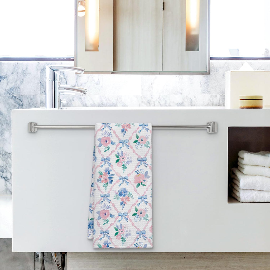 Coquette Bow Floral Kitchen Towel, Grandmillennial Pink Rose Flower Gingham Hand Towel for Bathroom, Pink and White Checkered Dish Tea Towel, 16x24 Inch