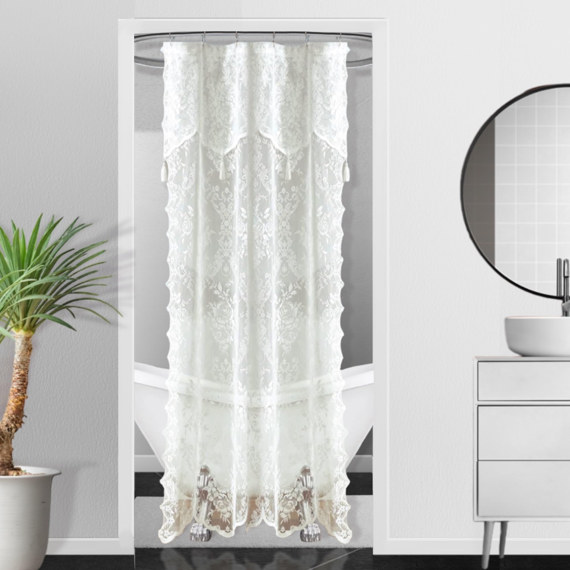 Luxury Lace Small Shower Curtain - Lace Shower Curtain with Attached Valance & Tassels