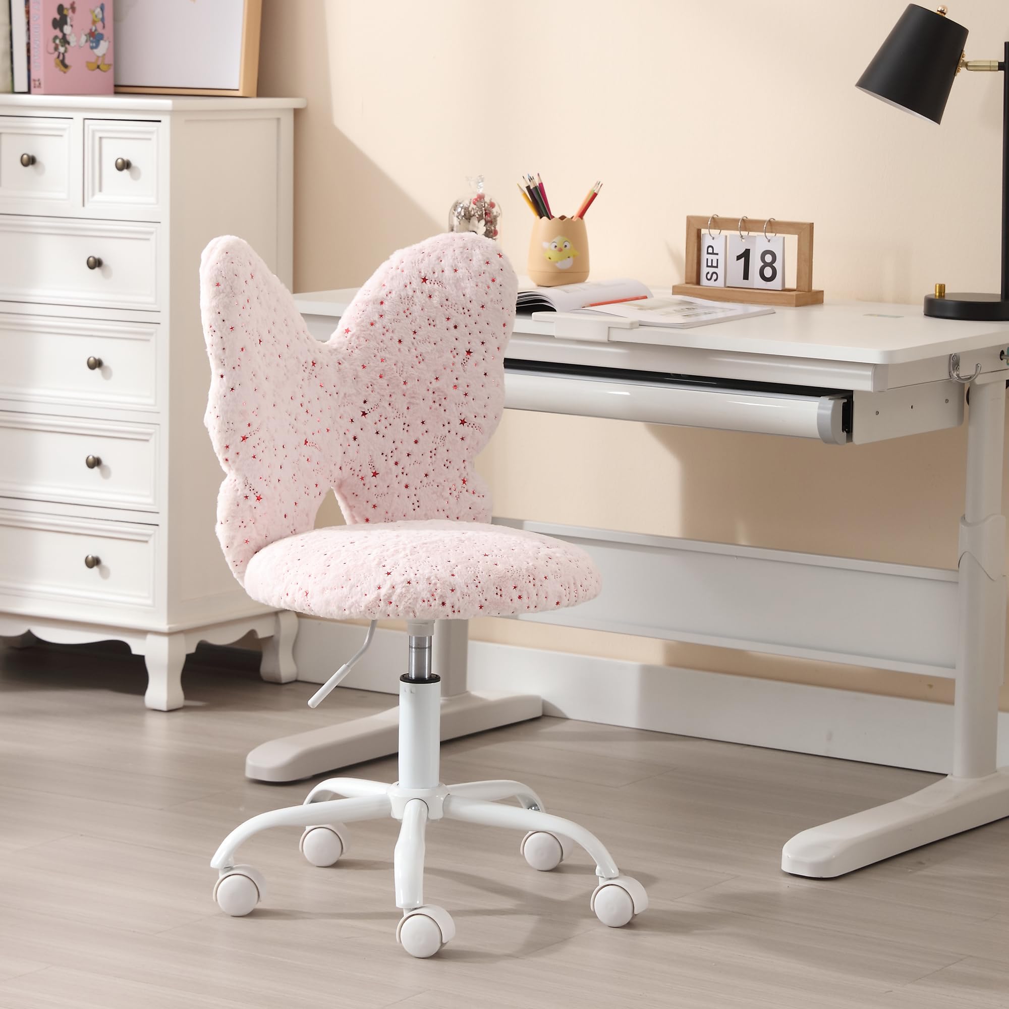 Kids Desk Chair Butterfly Faux Fur Study Chair Adjustable Vanity Chair, Small Cute Student Task Chair with White Foot