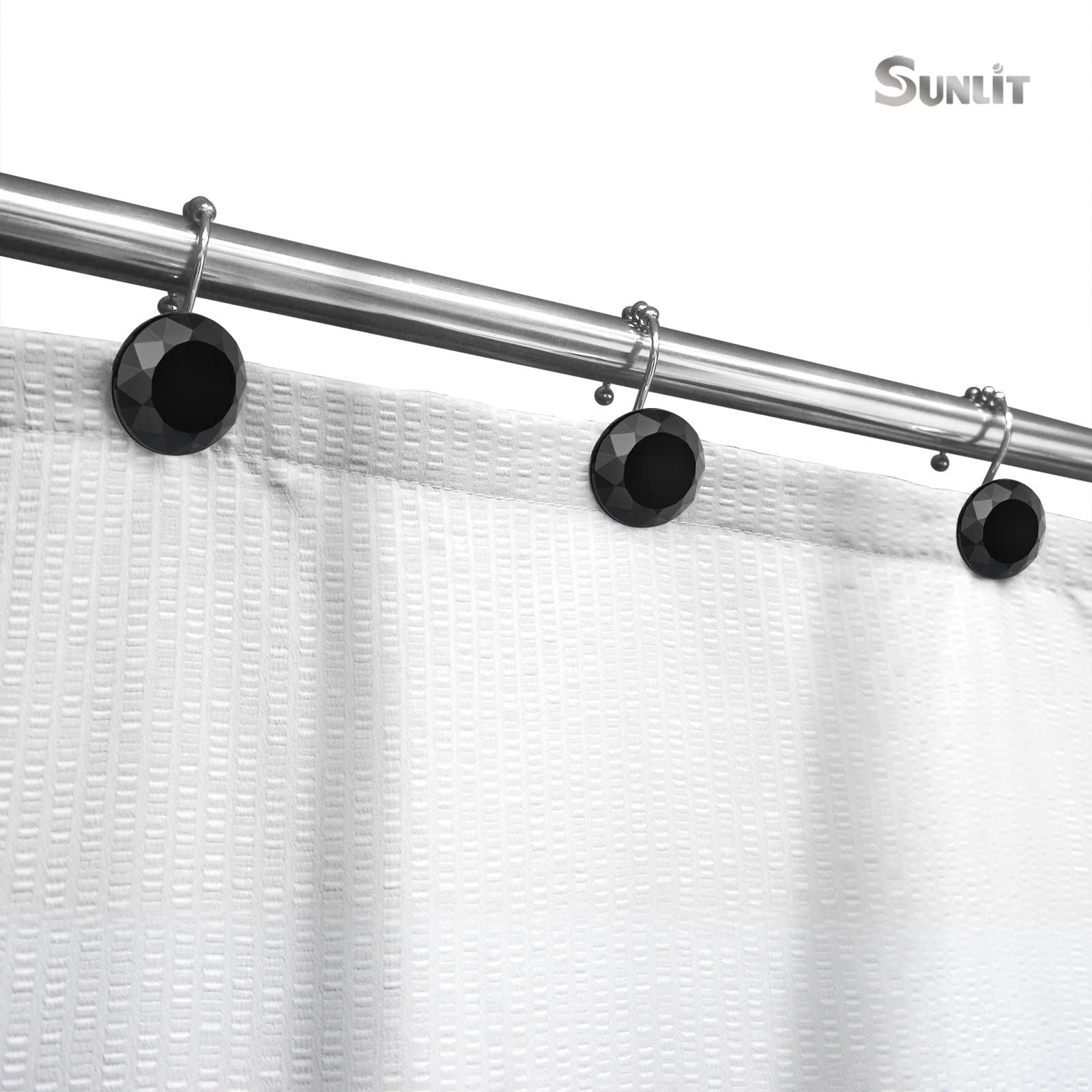 Luxury Design Round Diamond Crystal Gem Bling with Glide Balls Shower Curtain Hooks, Rust Proof Metal Rhinestones Glam Shower Curtain Rings-12 Pack