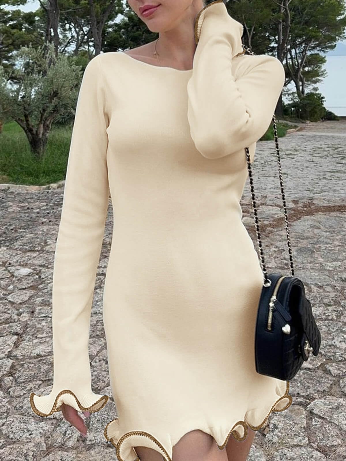 Womens Ruffle Long Sleeve Mini Bodycon Boat Neck Ribbed Knit Sweater Dress