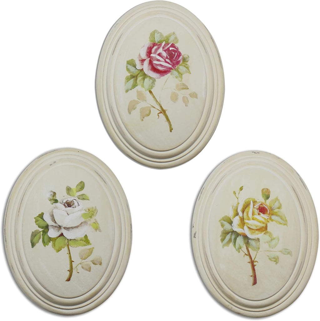 Painted Oval Wooden Frame Wall Hanging 3D Painting Decoration Art, Rose Flower Design Set of 3