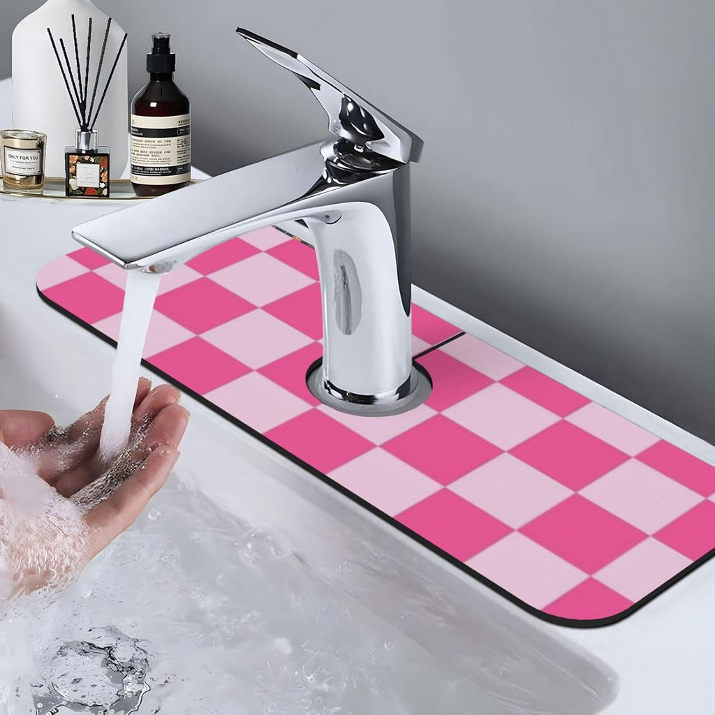 Pink Pastel Checkered Sink Splash Guard Faucet Mat Faucet Handle Drip Catcher Tray Drying Mat