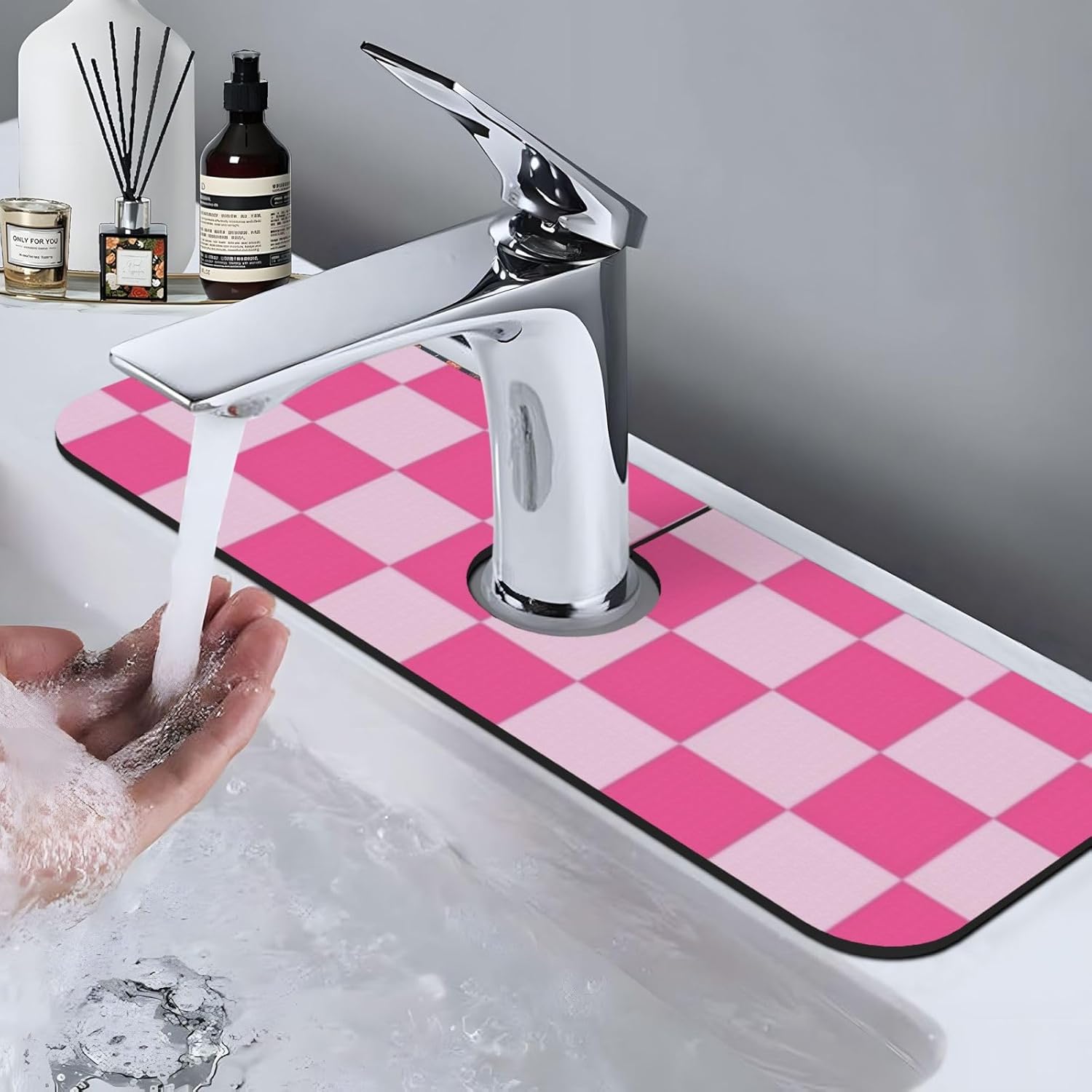 Pink Pastel Checkered Sink Splash Guard Faucet Mat Faucet Handle Drip Catcher Tray Drying Mat