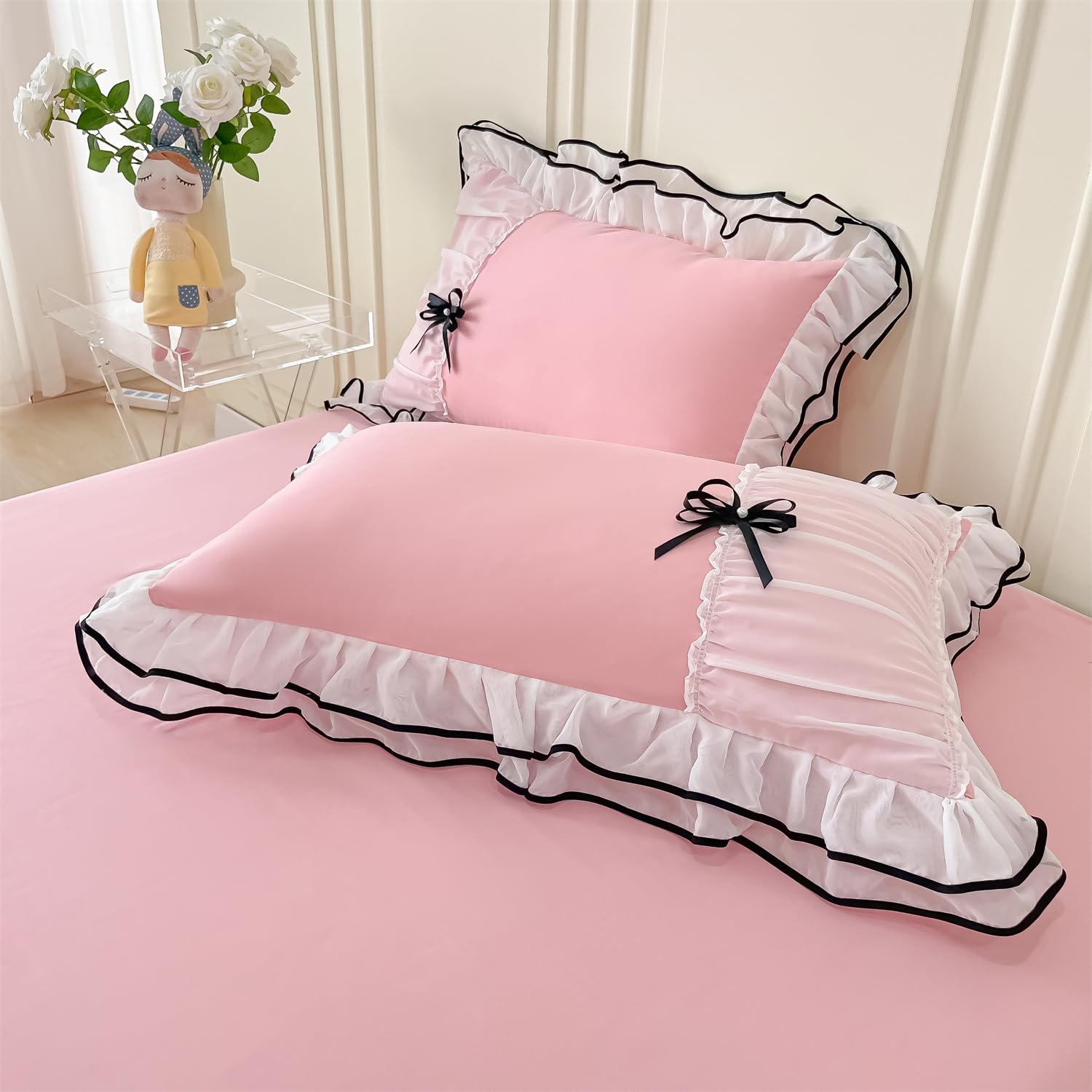 Duvet Cover Ruffle Beddding Set with Bowtie - 3 Pieces Comforter Cover Set with Zipper Closure & Pillowcase - Comforter Not Included
