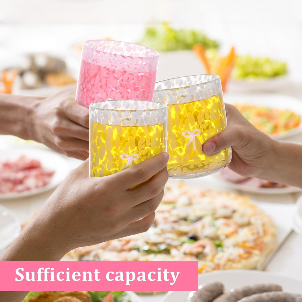 Coquette Aesthetic 2 Pack Bow Juice Glasses Glass Cups 14 oz Double Old Fashioned Icon Handblown Stemless Wine Glasses Cute Pink Glass