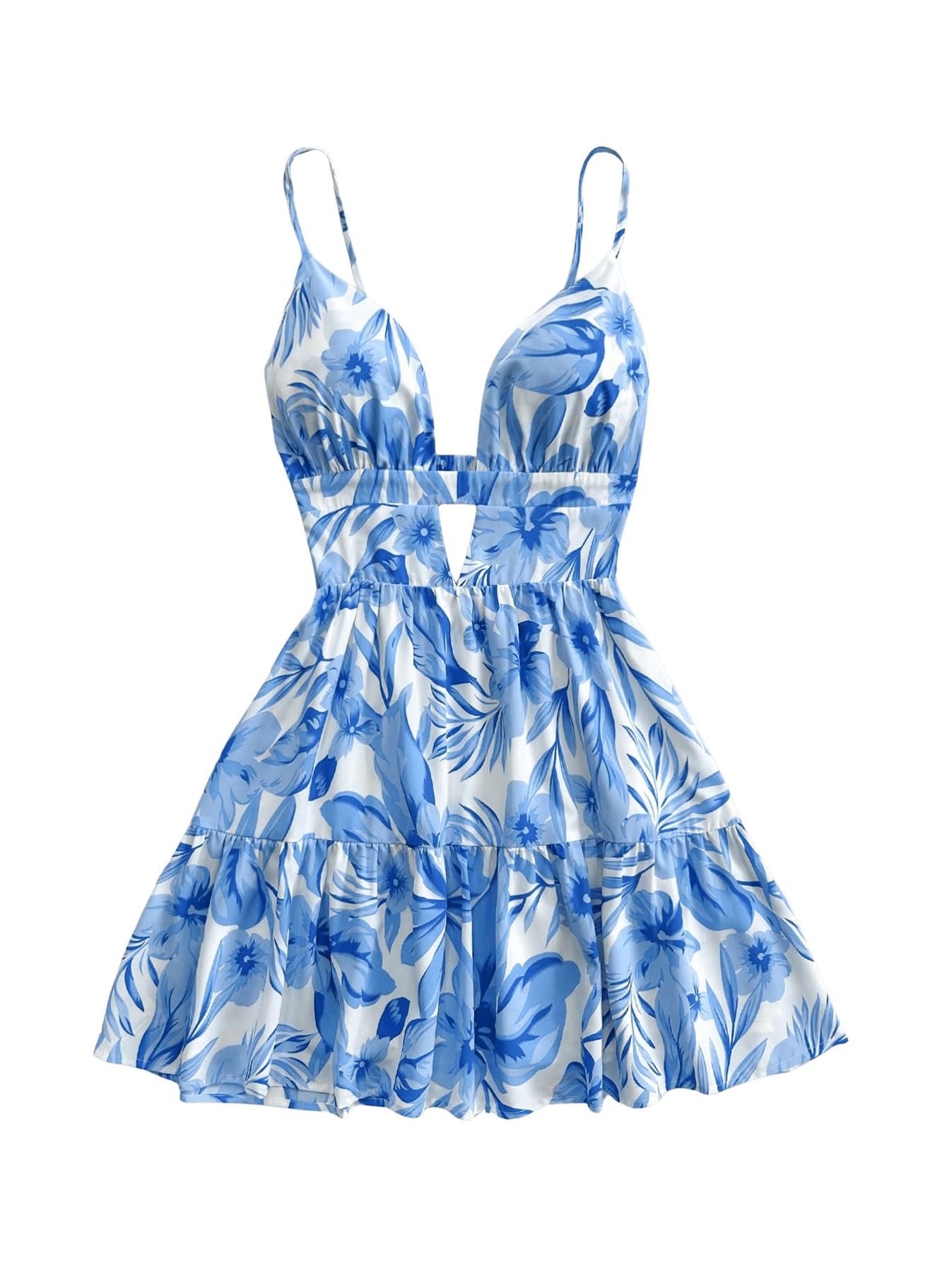 Women's Sleeveless Butterfly Print Cut Out V Neck Tiered Mini Cami Dresses