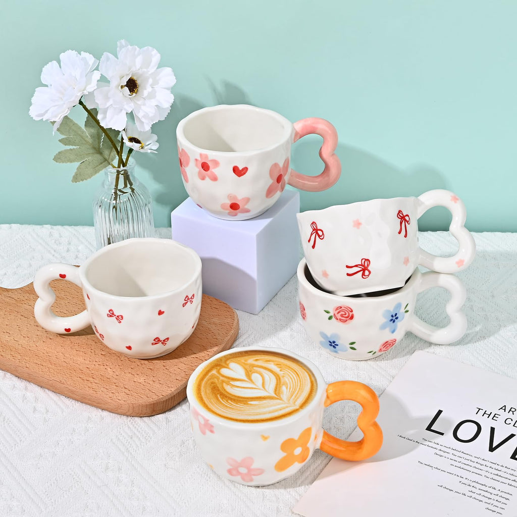 Ribbon Bow Ceramic Mug, Cute Creative Heart Handle Mug Design, 10.5 oz/300 ml