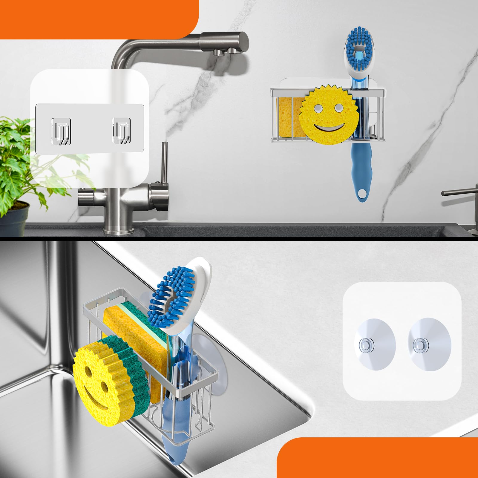 Sponge Holder Smiley Face, Sink Caddy for Kitchen Organizer Sponge Holder with 2 PCS Suction Cups/1 PCS Adhesive Strips