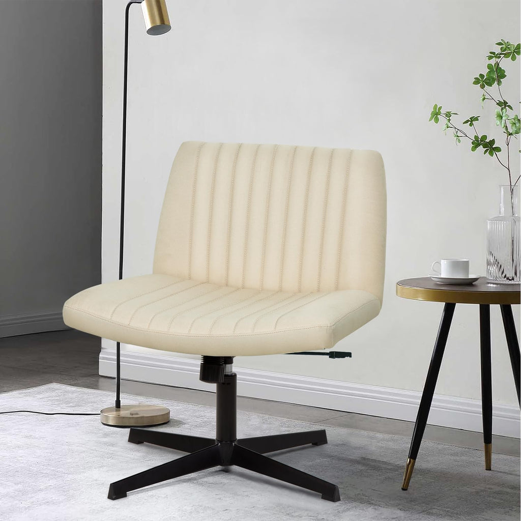Criss Cross Chair, Armless Cross Legged Wide Comfty Desk Chair with No Wheels Modern Height Adjustable, Swivel Fabric Vanity Chair