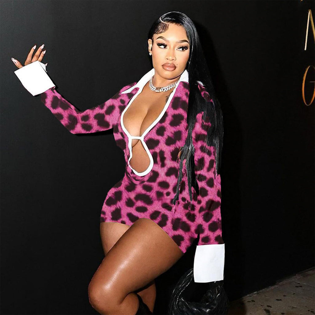 Women's Sexy Deep V Hollow Out Shirt Collar Long Sleeve Backless Strap Tight Jumpsuit Shorts