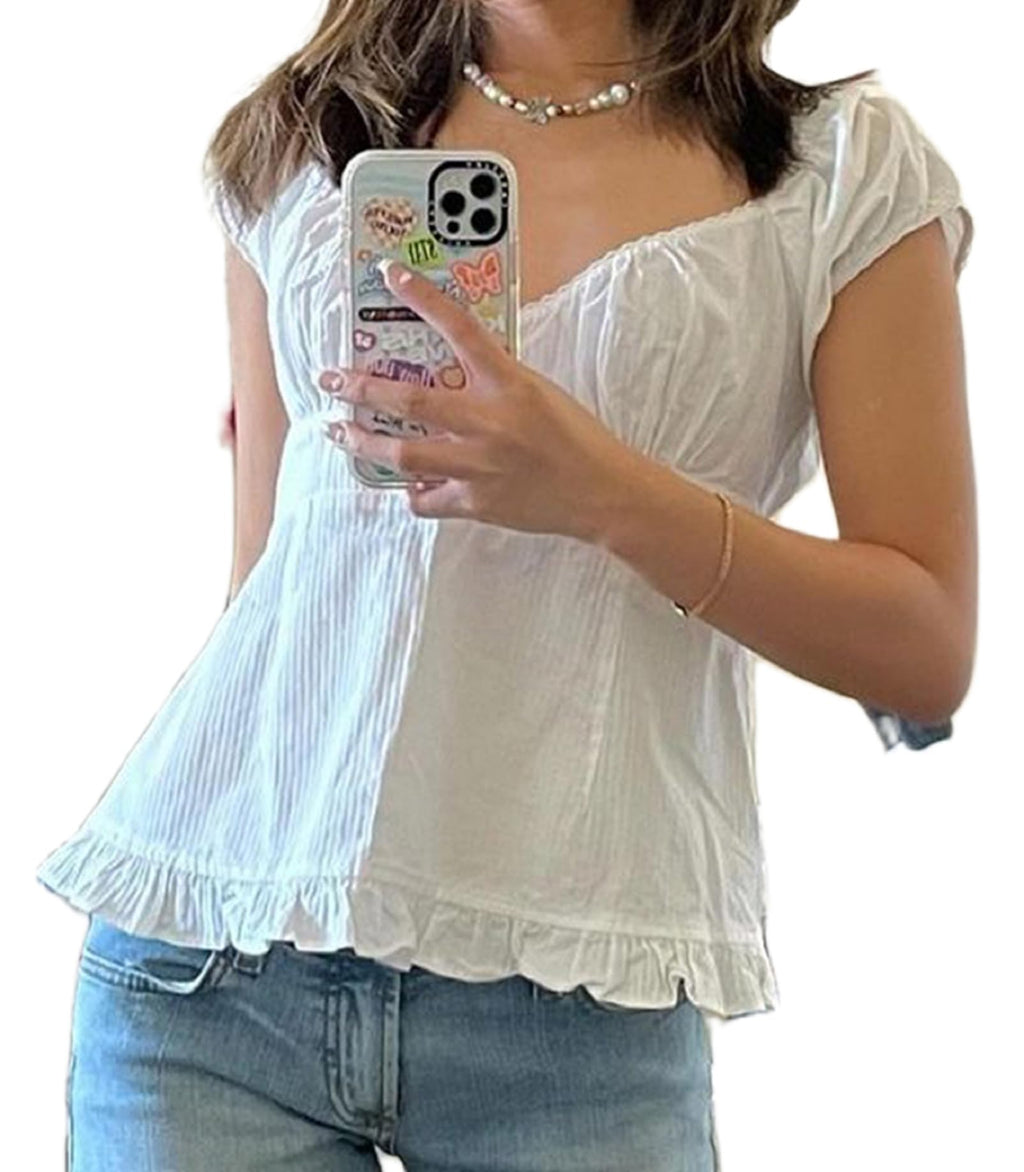Y2K Short Sleeve Babydoll Tops for Women Cute Aesthetic U Neck Teen Girls Tshirt Ruffle Hem Patchwork Peplum Shirts