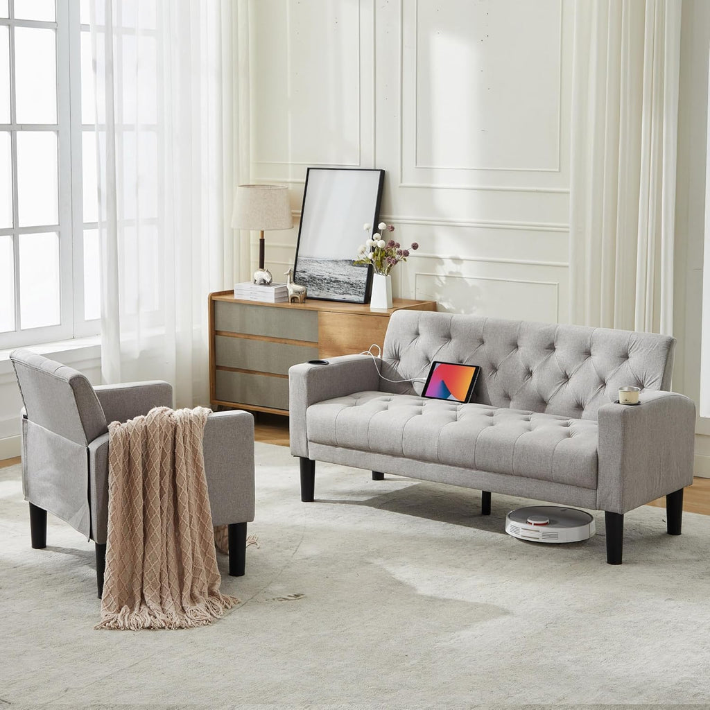 Velvet Loveseat Sofa w/ 2 USB Charger Ports and 2 Cupholders, Mid-Century Modern Tufted