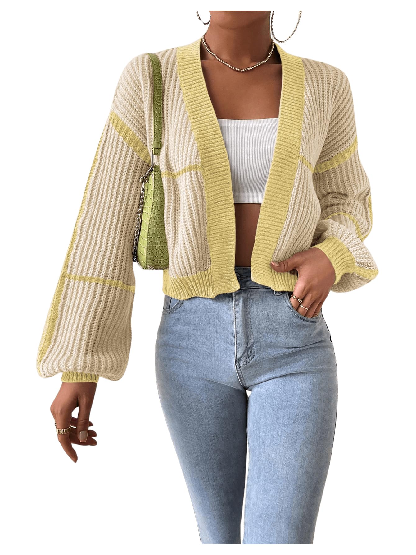 Women's Color Block Crop Cardigan Top Bishop Long Sleeve Open Front Sweater