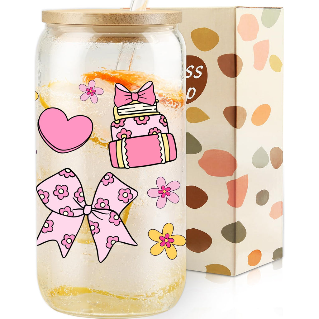 Cherry Bow Cup, Birthday Gifts for Women, Girly Gifts for Her, Sister, Mom, Colleague - 16 OZ Glass Tumbler with Straw & Lid, Coquette Iced Cup