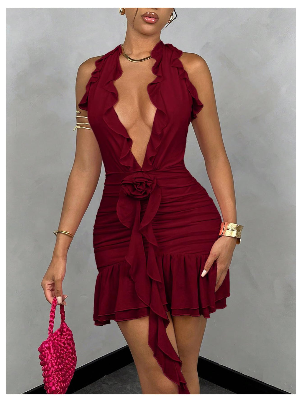 Women's 3D Floral Ruffle Mesh Halter Sleeveless Tie Backless Ruched Bodycon Mini Dress