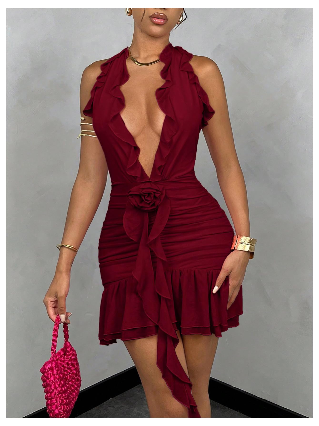 Women's 3D Floral Ruffle Mesh Halter Sleeveless Tie Backless Ruched Bodycon Mini Dress