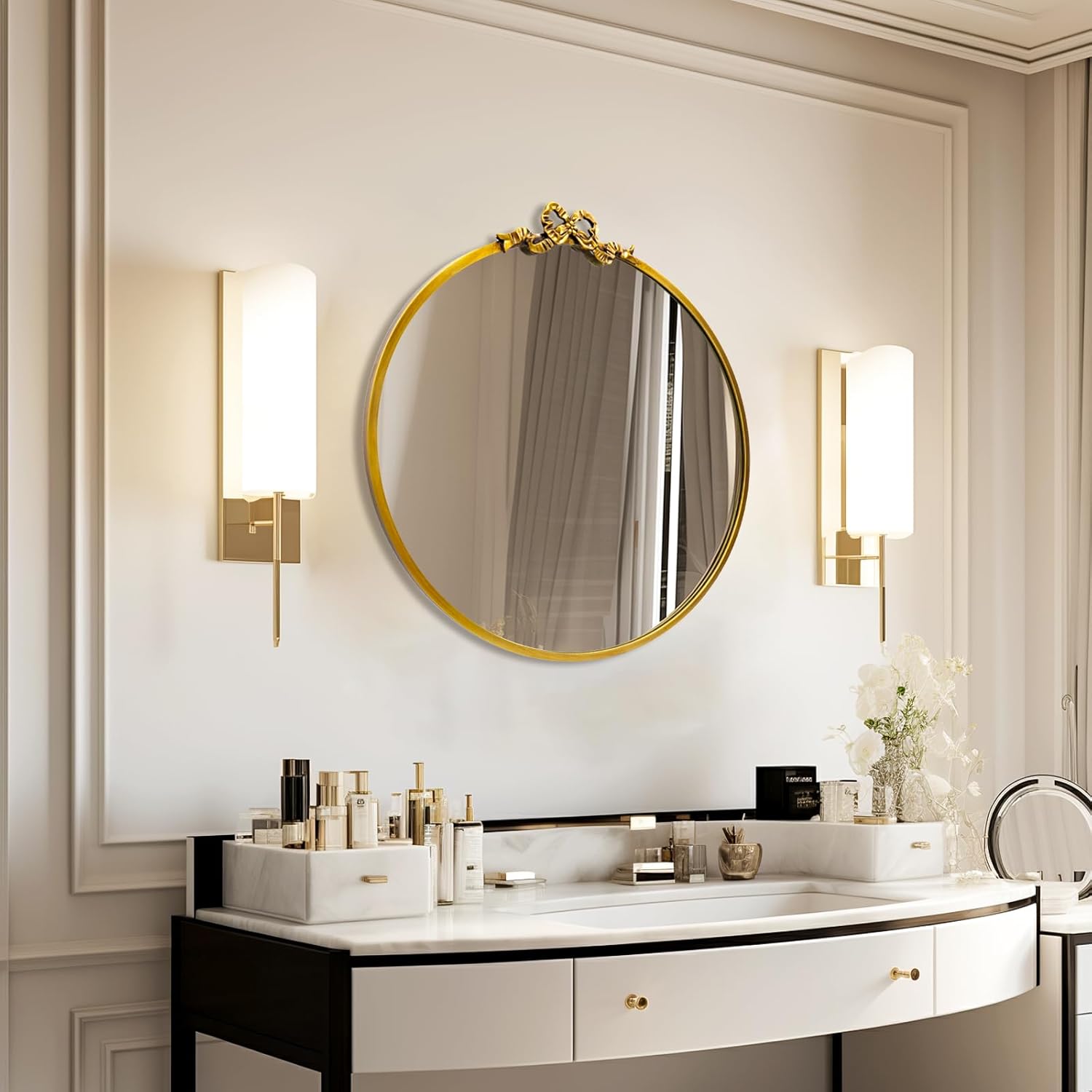 Vintage Round Mirror Gold Bathroom Vanity Mirrors 20inch Antique Metal Ornate Circle Wall Mirror, Baroque Home Decor for Dressing Table,Bedroom,Living Room,Hallway