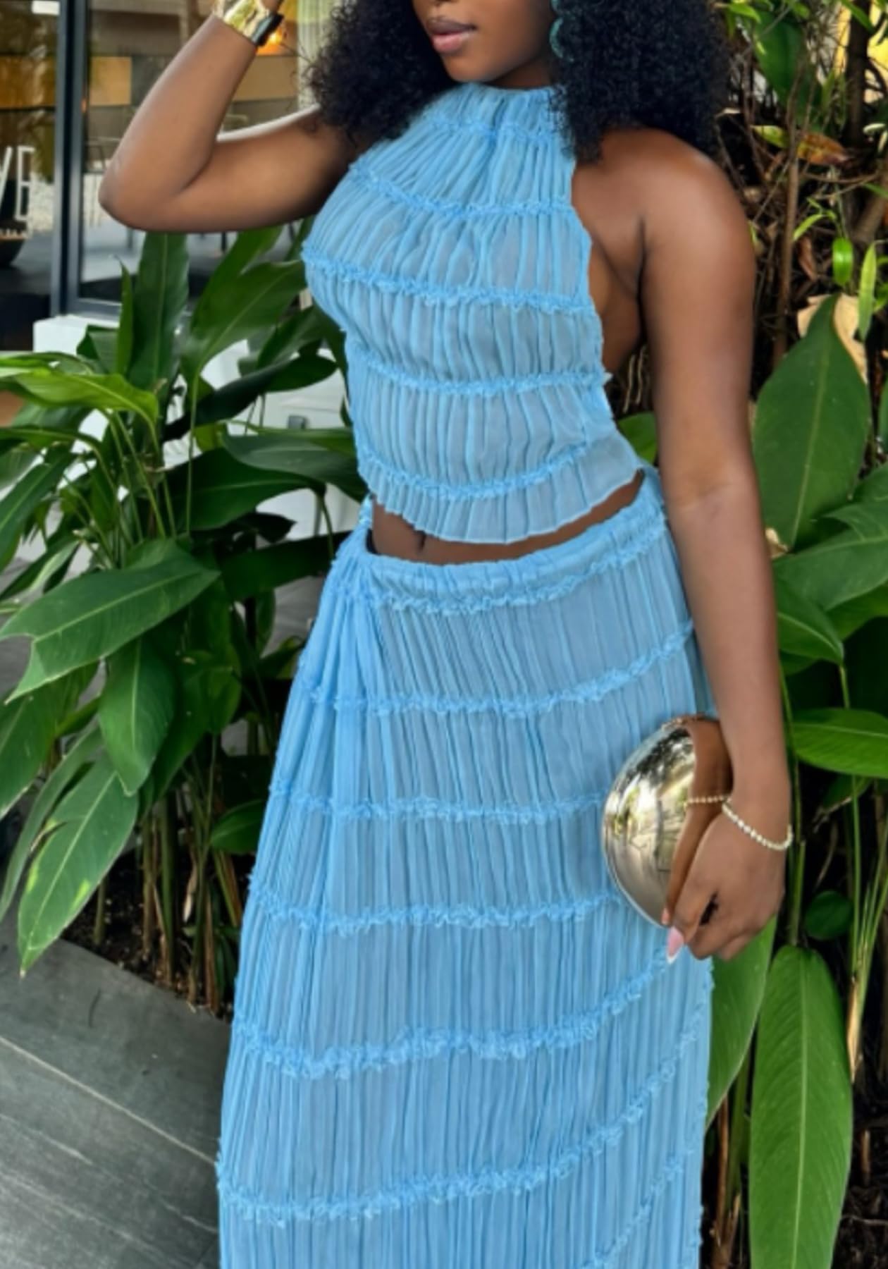 Skirt Sets Women 2 Piece Outfits Backless Halter Top And Pleated Ruffle Flowy Maxi Skirts Y2k Beach Vacation Set