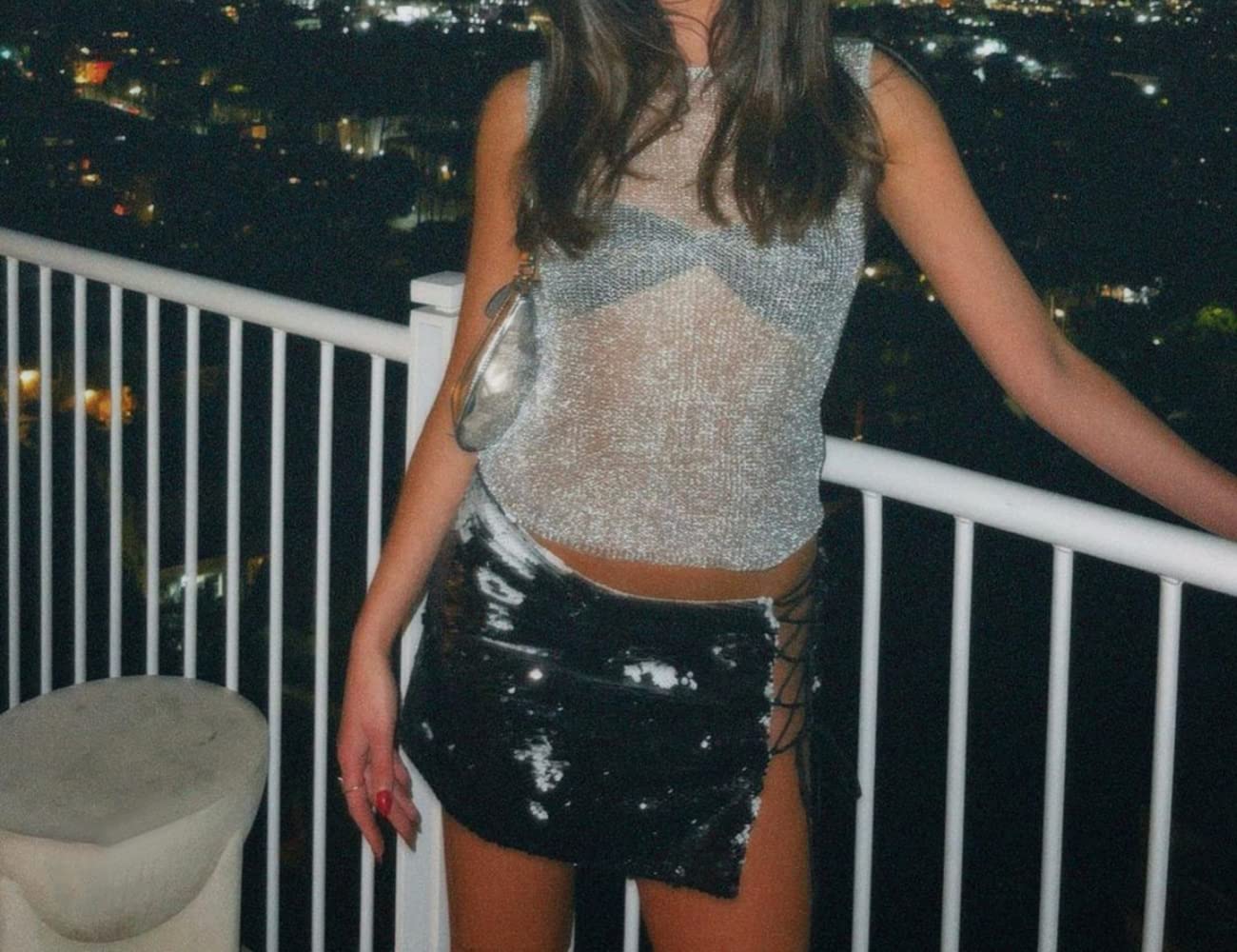 Women Sexy Fishnet Knit Glittering Crop Tank Top Sheer Mesh Sleeveless Crewneck Solid Slim Cropped Tops