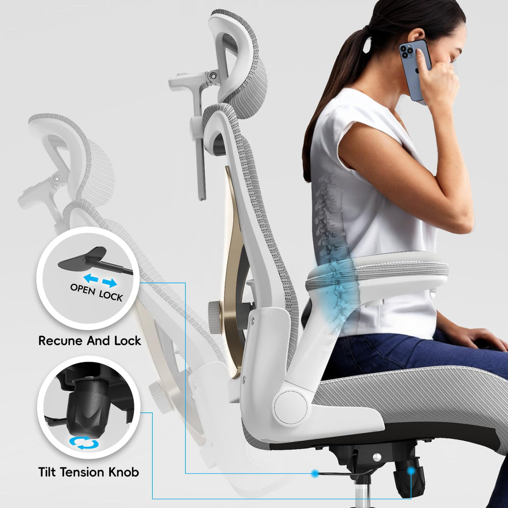 Ergonomic Desk Chair-Computer X-Shaped Chair Mesh PU Leather with Adjustable Lumbar Support-Executive Chair High Back with Headrest Flip-Up Arms for Long Hours