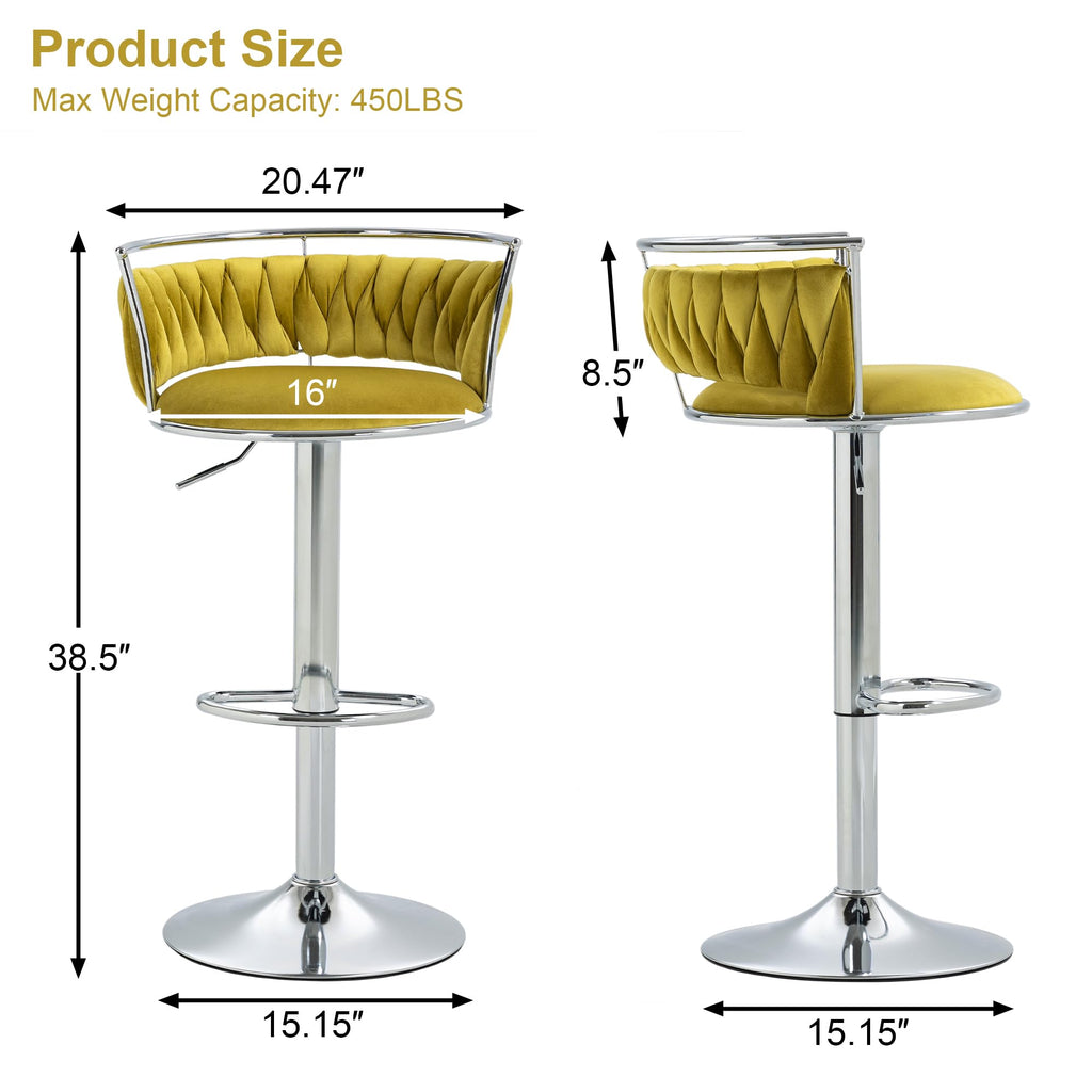 Velvet Swivel Bar Stools, Adjustable Counter Height Bar Chairs with Low Back & Footrest, Modern Gold Bar Stools for Kitchen Island, Bar Pub
