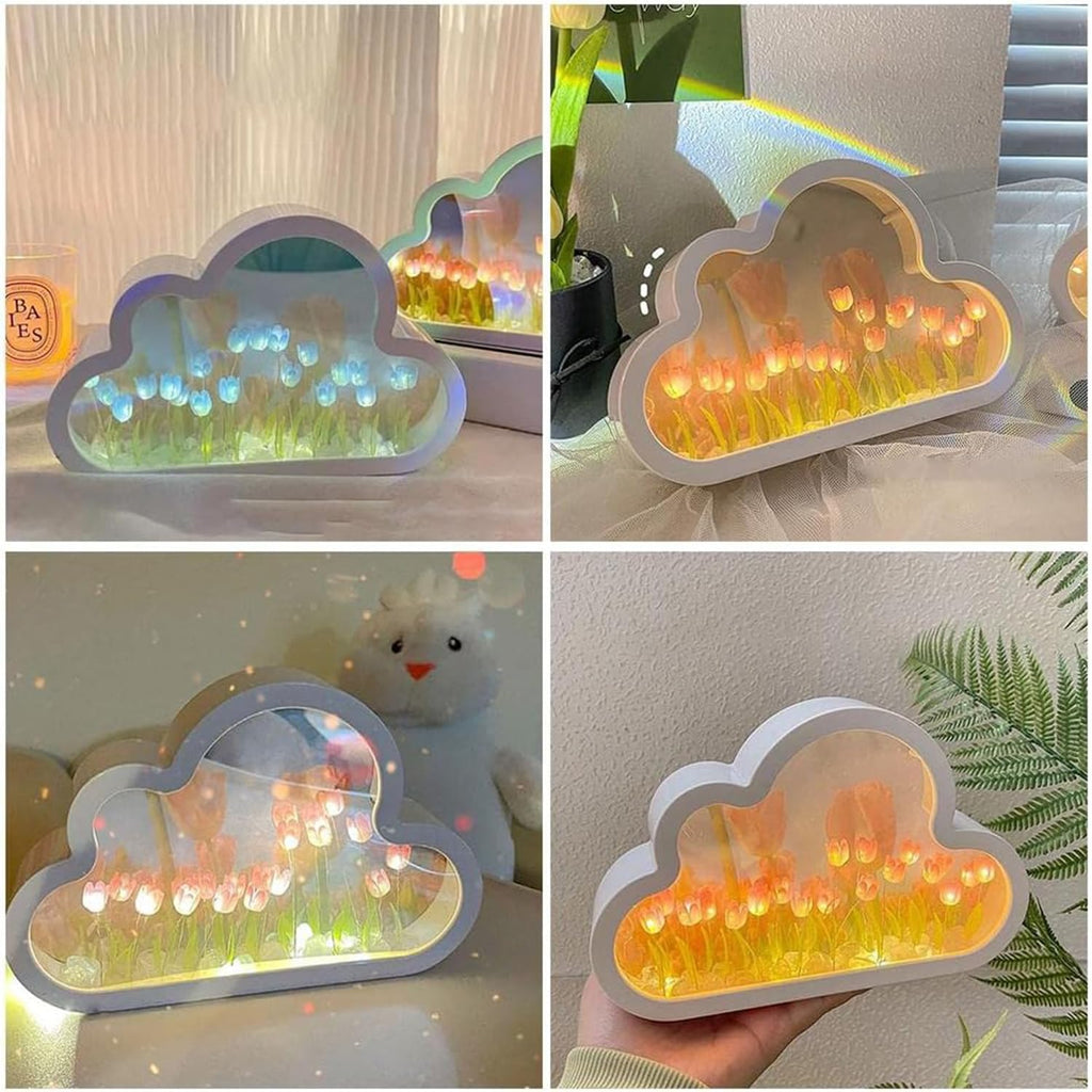 DIY Cloud Tulip Mirror Night Light, Simulation Flower Bedroom Cloud Tulip Table Lamp, Creative Home Decoration