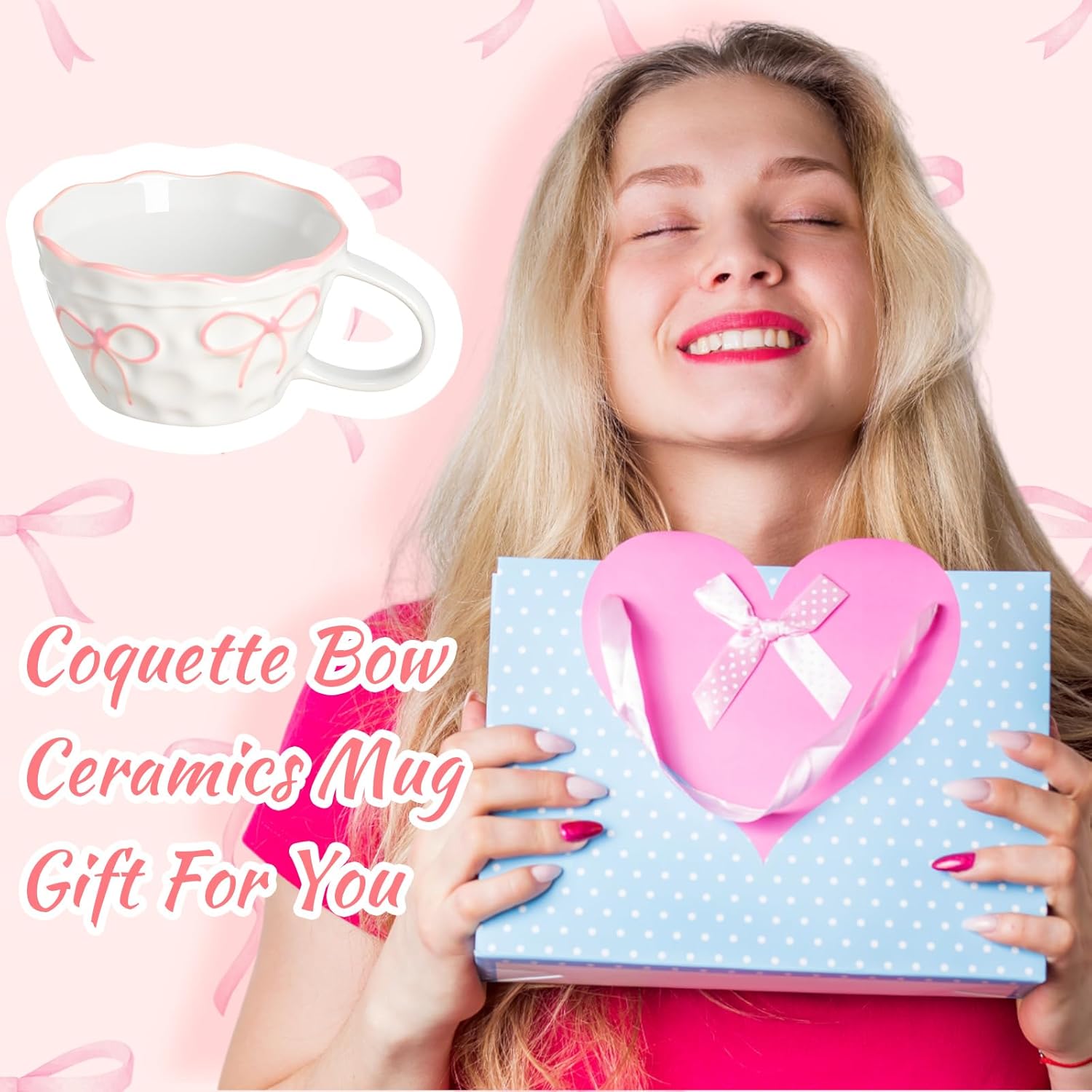Pink Bow Mug 13. 5 Oz/ 400 ml Pink Coquette Bow Coffee Mug Preppy Aesthetic Ceramic Cup with Handle