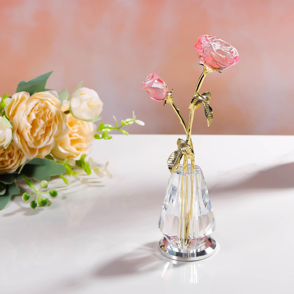 Crystal Rose Flowers Figurines Home Decor, Glass Roses with Stems