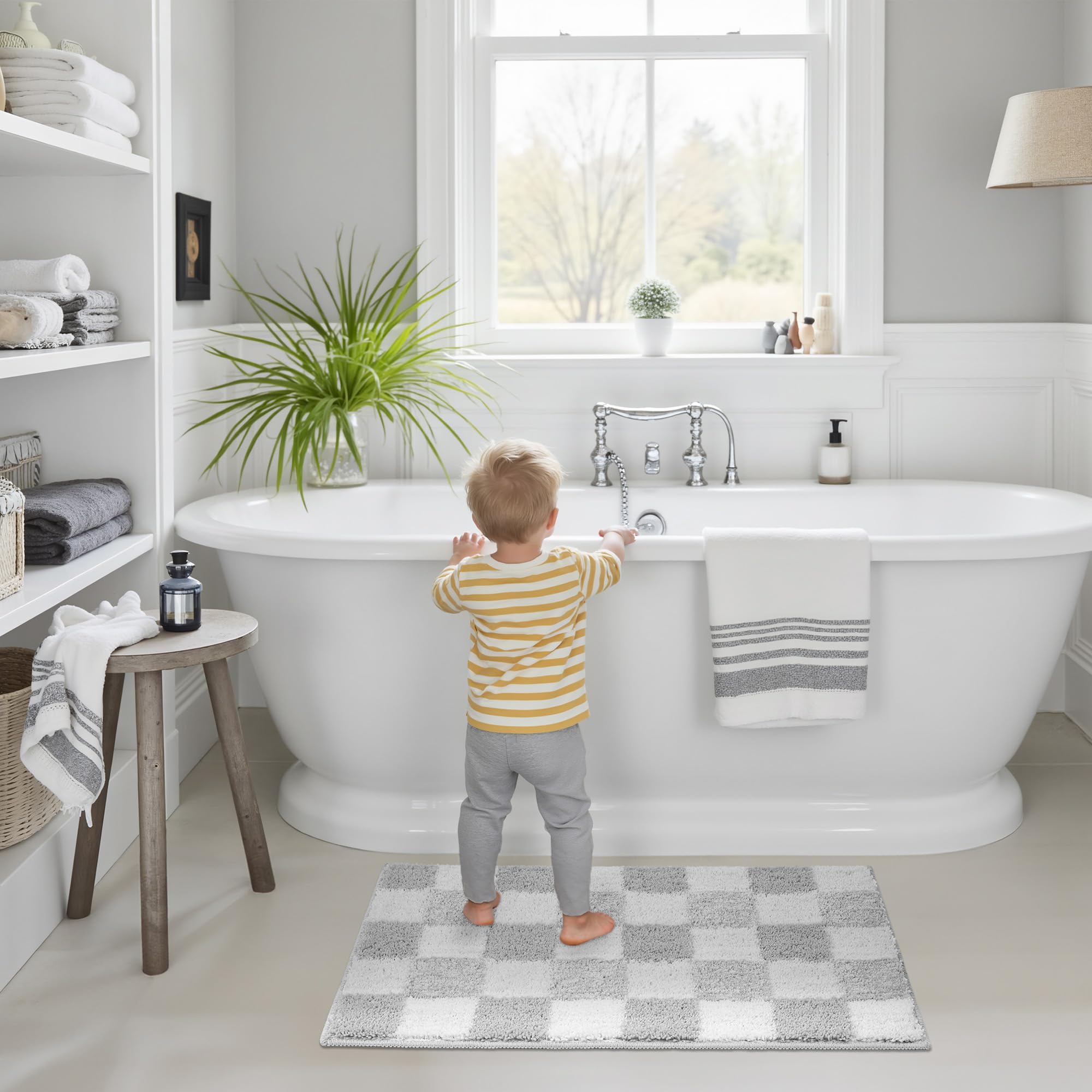 Checkered Bathroom Rugs, Fluffy Rug, Absorbent Microfiber Ultra Soft Bath Mat Washable, Non-Slip Bath Mats for Bathroom, Cute Floor Mat